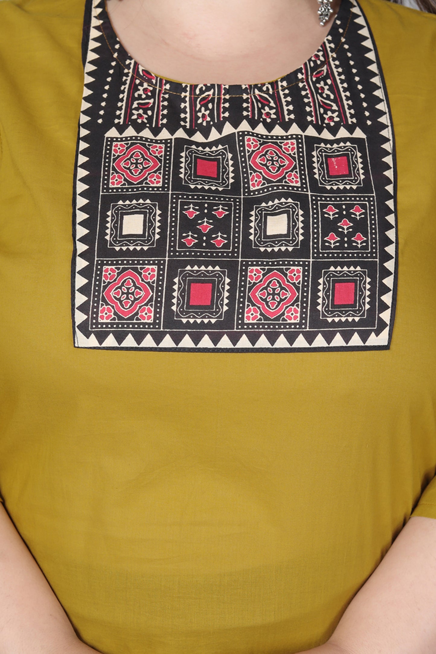 TRIBEL GEOMETRIC SOLID COTTON 3 PEICE KURTI PANT SET IN MUSTURD BY PLUSSIZEKURTI
