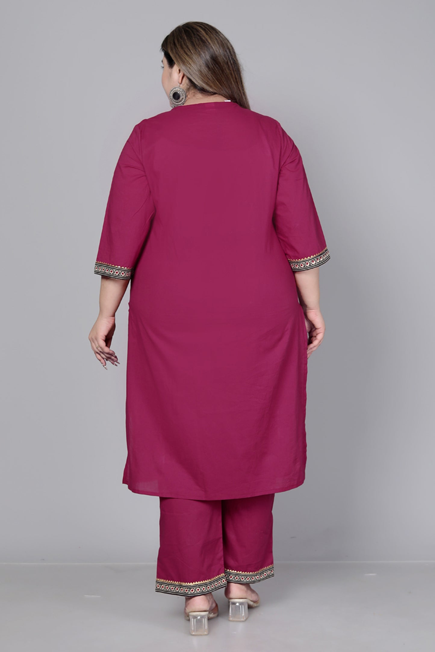 TRIBAL AJRAKH SOLID COTTON 3 PEICE KURTI PANT SET IN WINEPINK BY PLUSSIZEKURTI