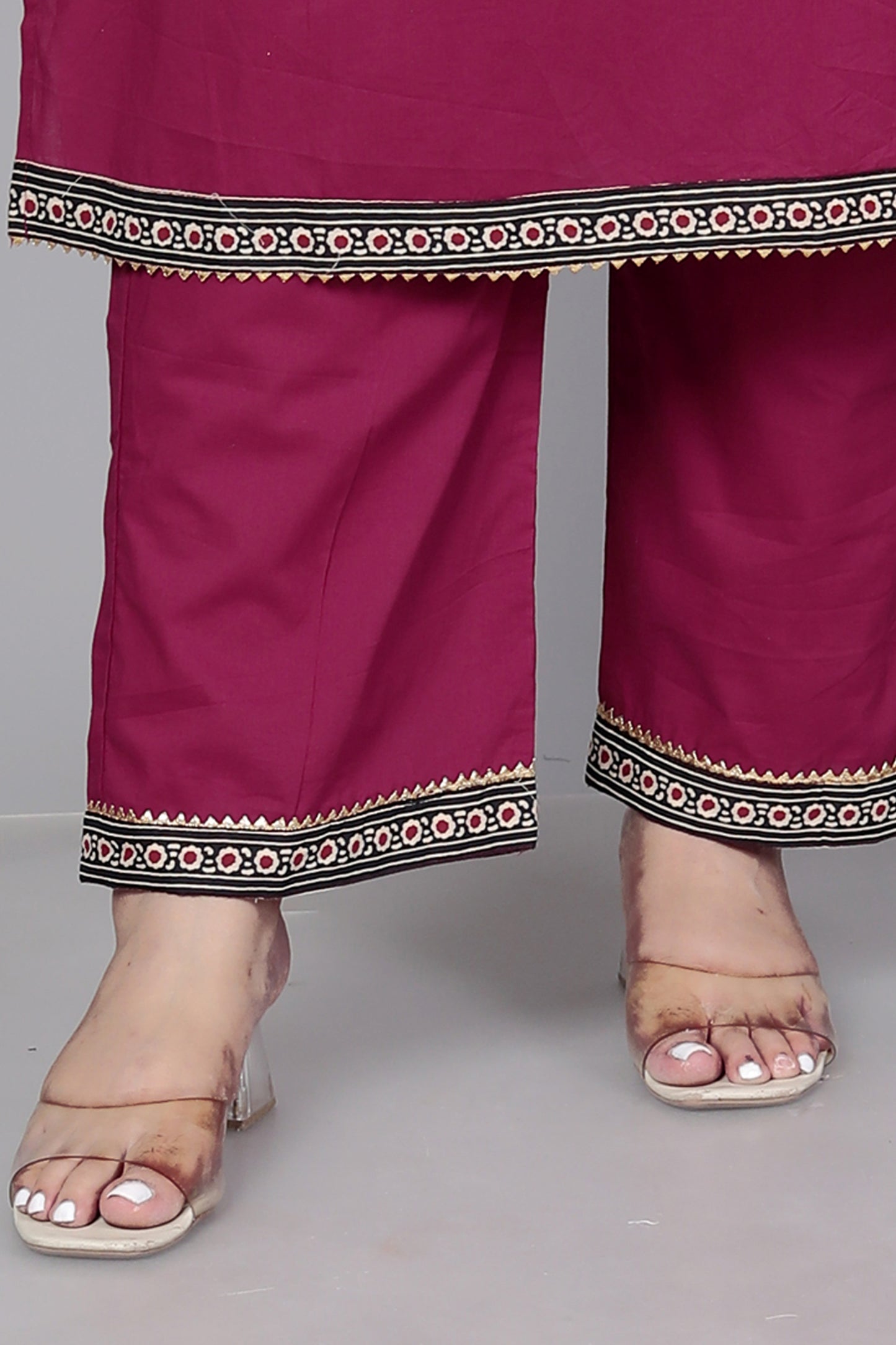TRIBAL AJRAKH SOLID COTTON 3 PEICE KURTI PANT SET IN WINEPINK BY PLUSSIZEKURTI