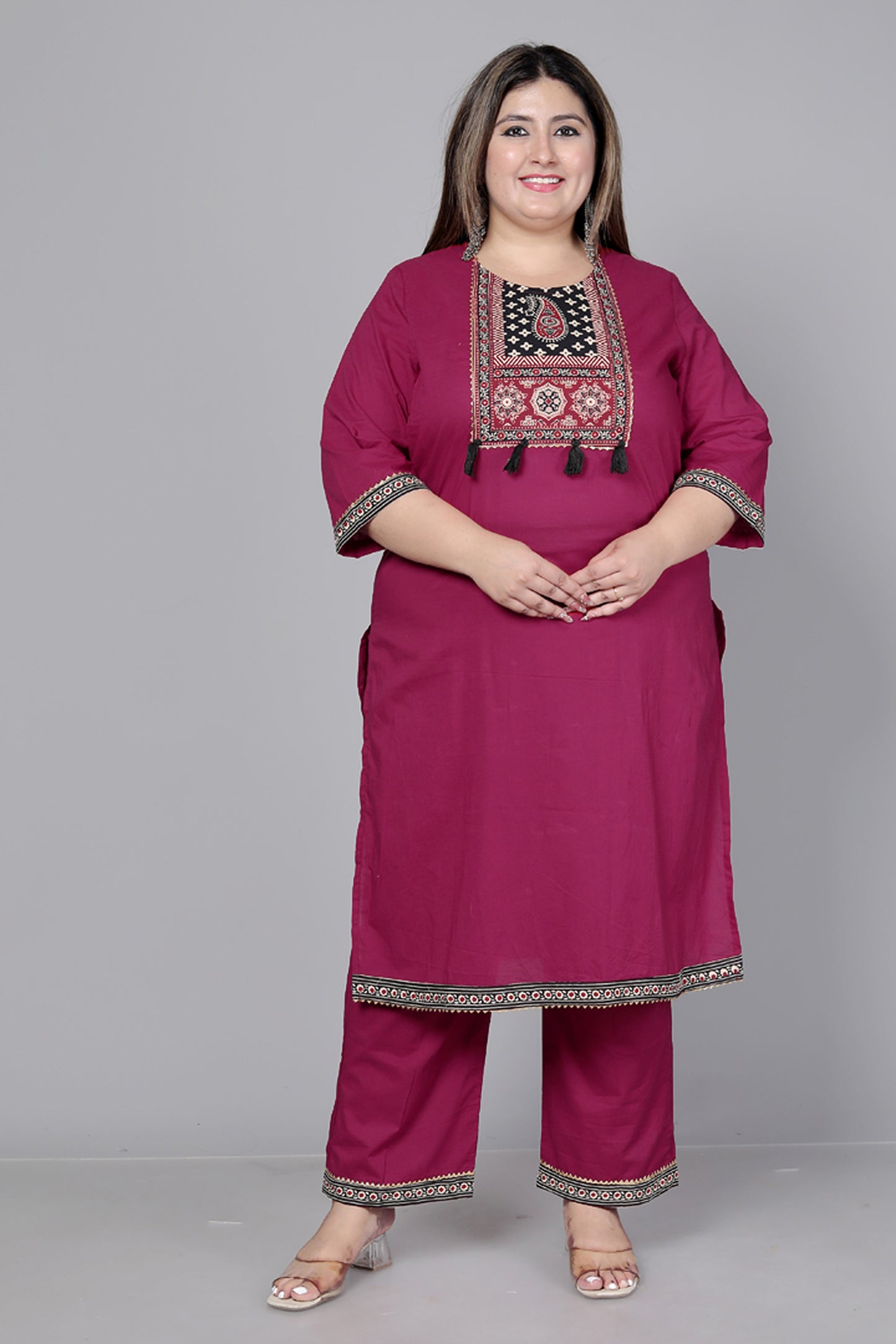 TRIBAL AJRAKH SOLID COTTON 3 PEICE KURTI PANT SET IN WINEPINK BY PLUSSIZEKURTI