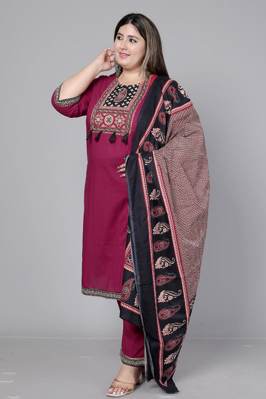 TRIBAL AJRAKH SOLID COTTON 3 PEICE KURTI PANT SET IN WINEPINK BY PLUSSIZEKURTI