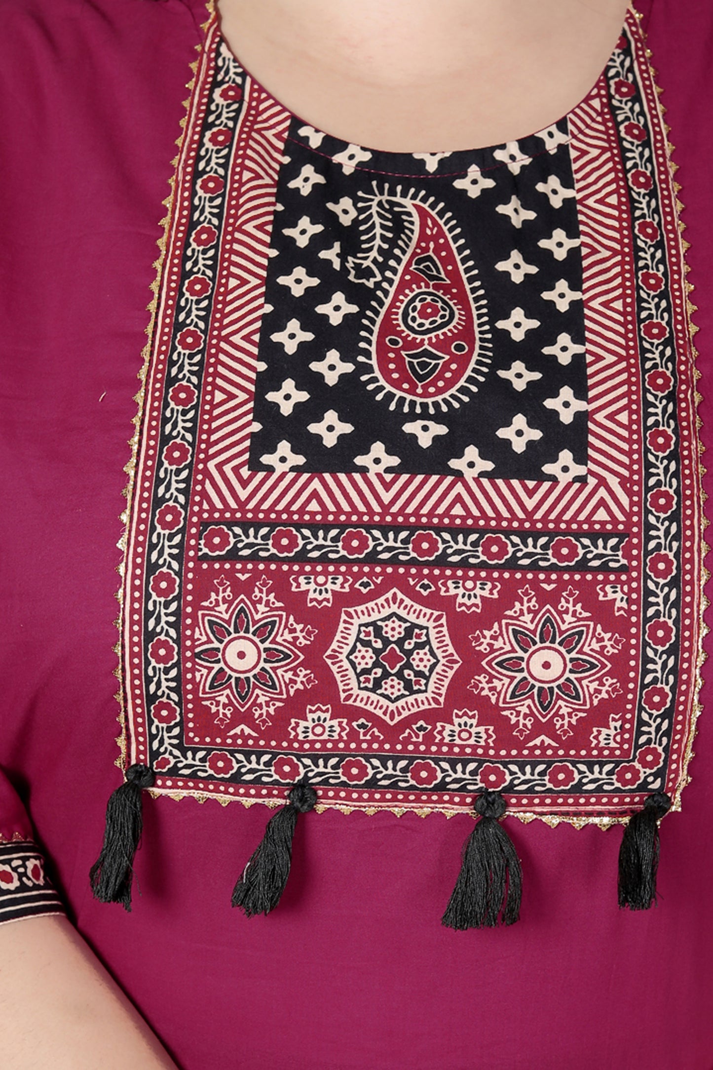 TRIBAL AJRAKH SOLID COTTON 3 PEICE KURTI PANT SET IN WINEPINK BY PLUSSIZEKURTI