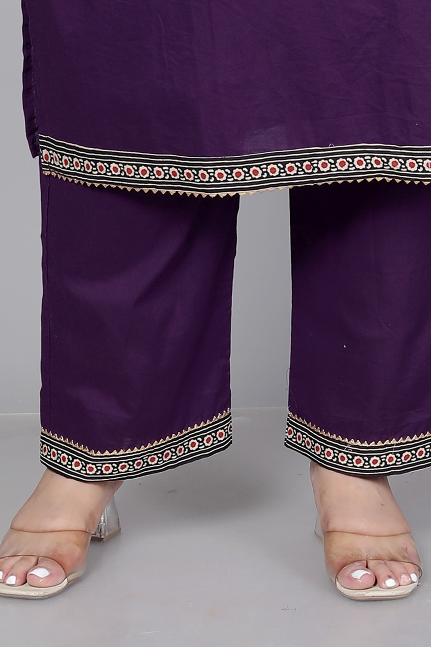 TRIBAL AJRAKH SOLID COTTON 3 PEICE KURTI PANT SET IN PURPLE BY PLUSSIZEKURTI