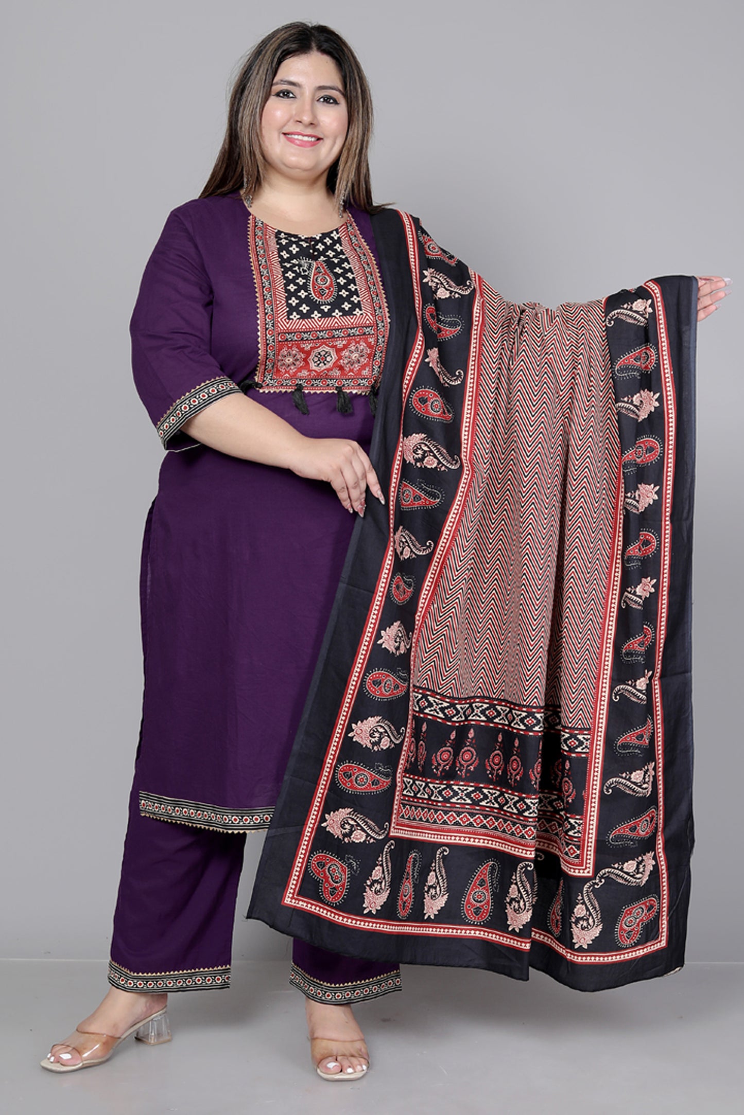 TRIBAL AJRAKH SOLID COTTON 3 PEICE KURTI PANT SET IN PURPLE BY PLUSSIZEKURTI