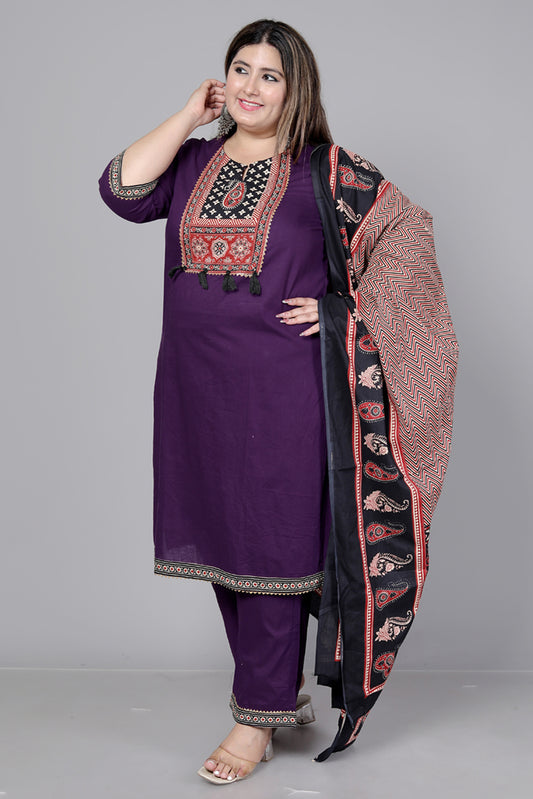 TRIBAL AJRAKH SOLID COTTON 3 PEICE KURTI PANT SET IN PURPLE BY PLUSSIZEKURTI