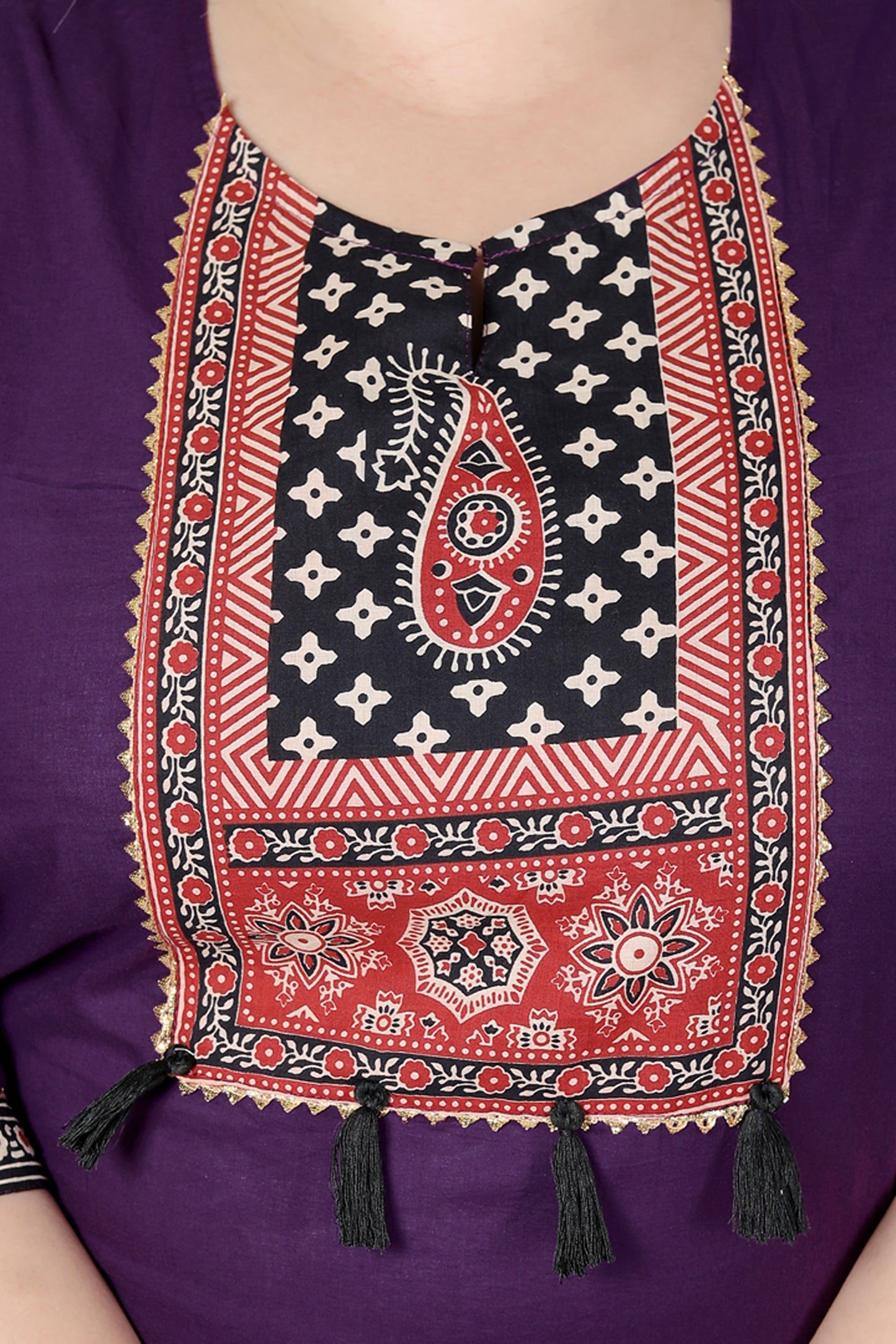 TRIBAL AJRAKH SOLID COTTON 3 PEICE KURTI PANT SET IN PURPLE BY PLUSSIZEKURTI