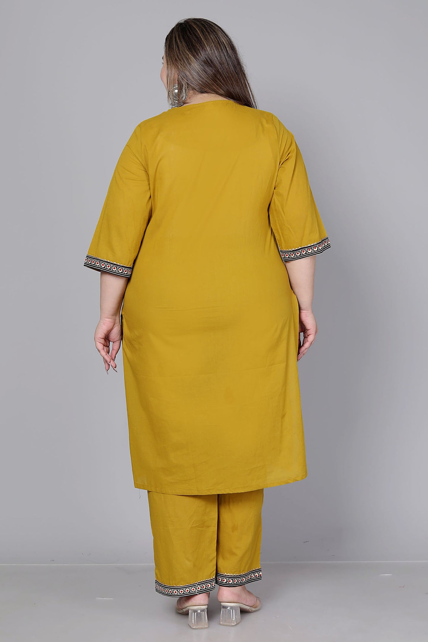 TRIBAL AJRAKH SOLID COTTON 3 PEICE KURTI PANT SET IN YELLOW BY PLUSSIZEKURTI
