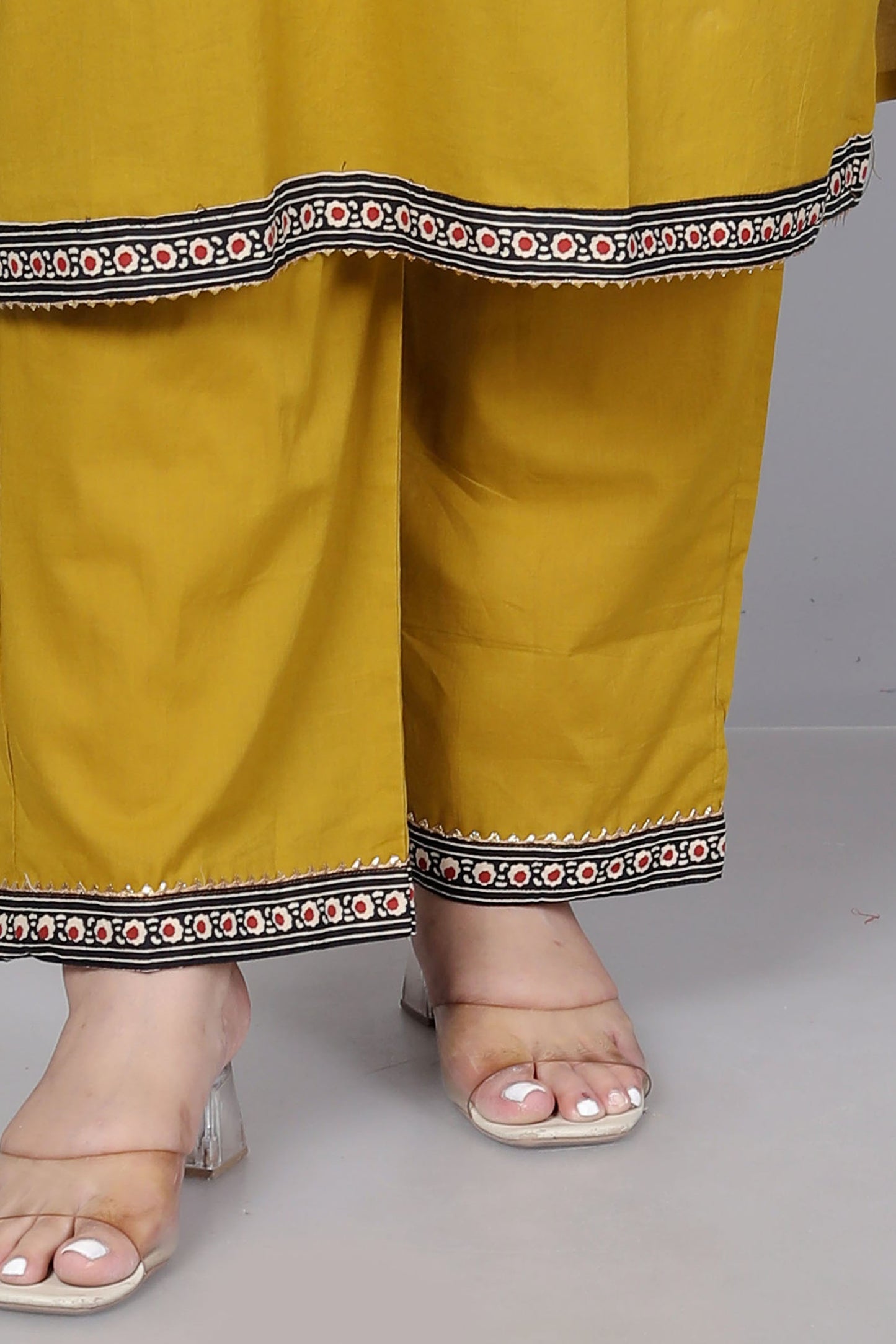 TRIBAL AJRAKH SOLID COTTON 3 PEICE KURTI PANT SET IN YELLOW BY PLUSSIZEKURTI
