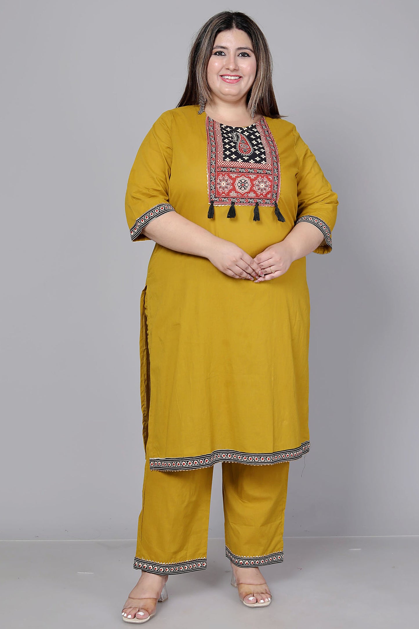 TRIBAL AJRAKH SOLID COTTON 3 PEICE KURTI PANT SET IN YELLOW BY PLUSSIZEKURTI