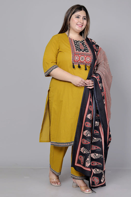 TRIBAL AJRAKH SOLID COTTON 3 PEICE KURTI PANT SET IN YELLOW BY PLUSSIZEKURTI