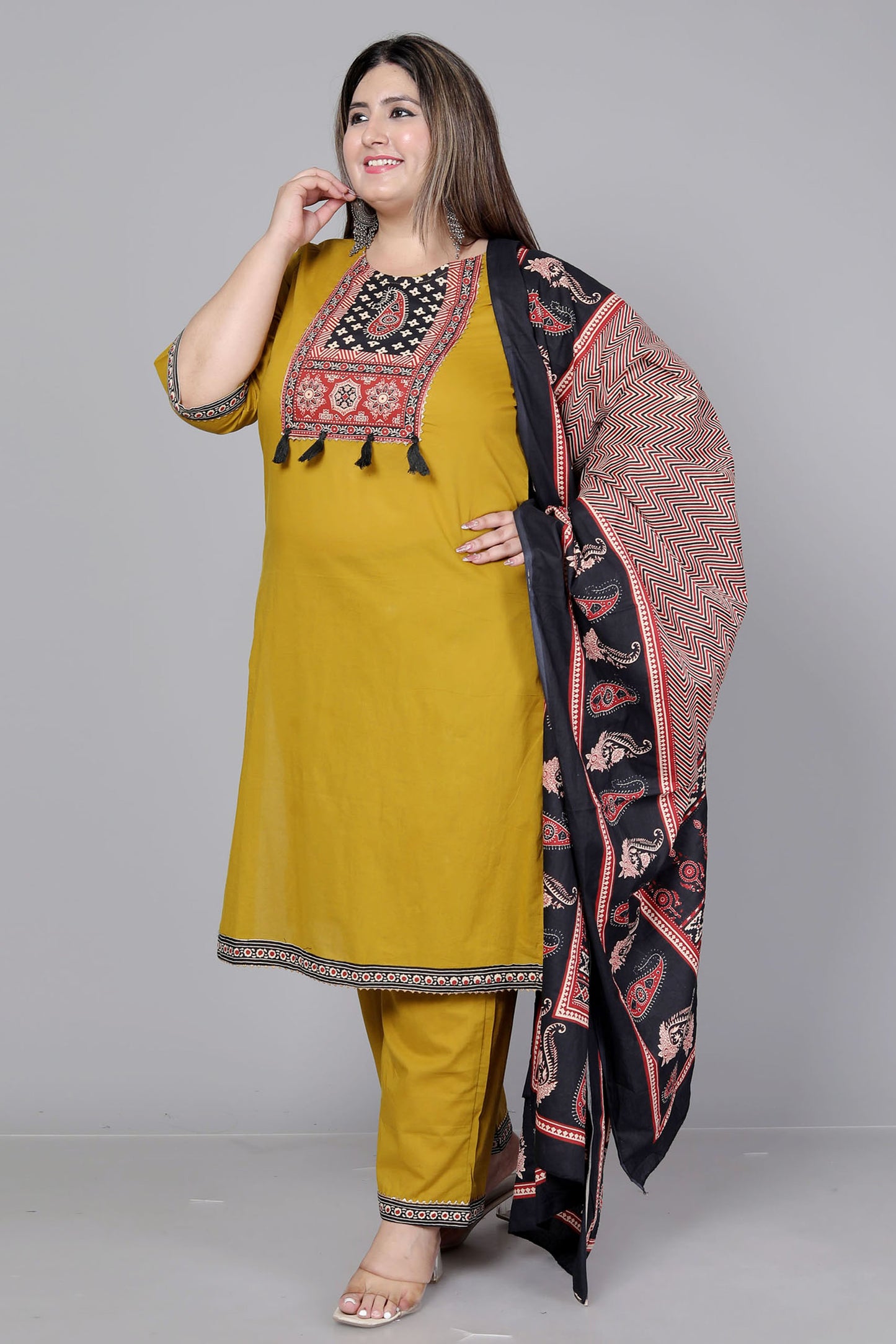 TRIBAL AJRAKH SOLID COTTON 3 PEICE KURTI PANT SET IN YELLOW BY PLUSSIZEKURTI