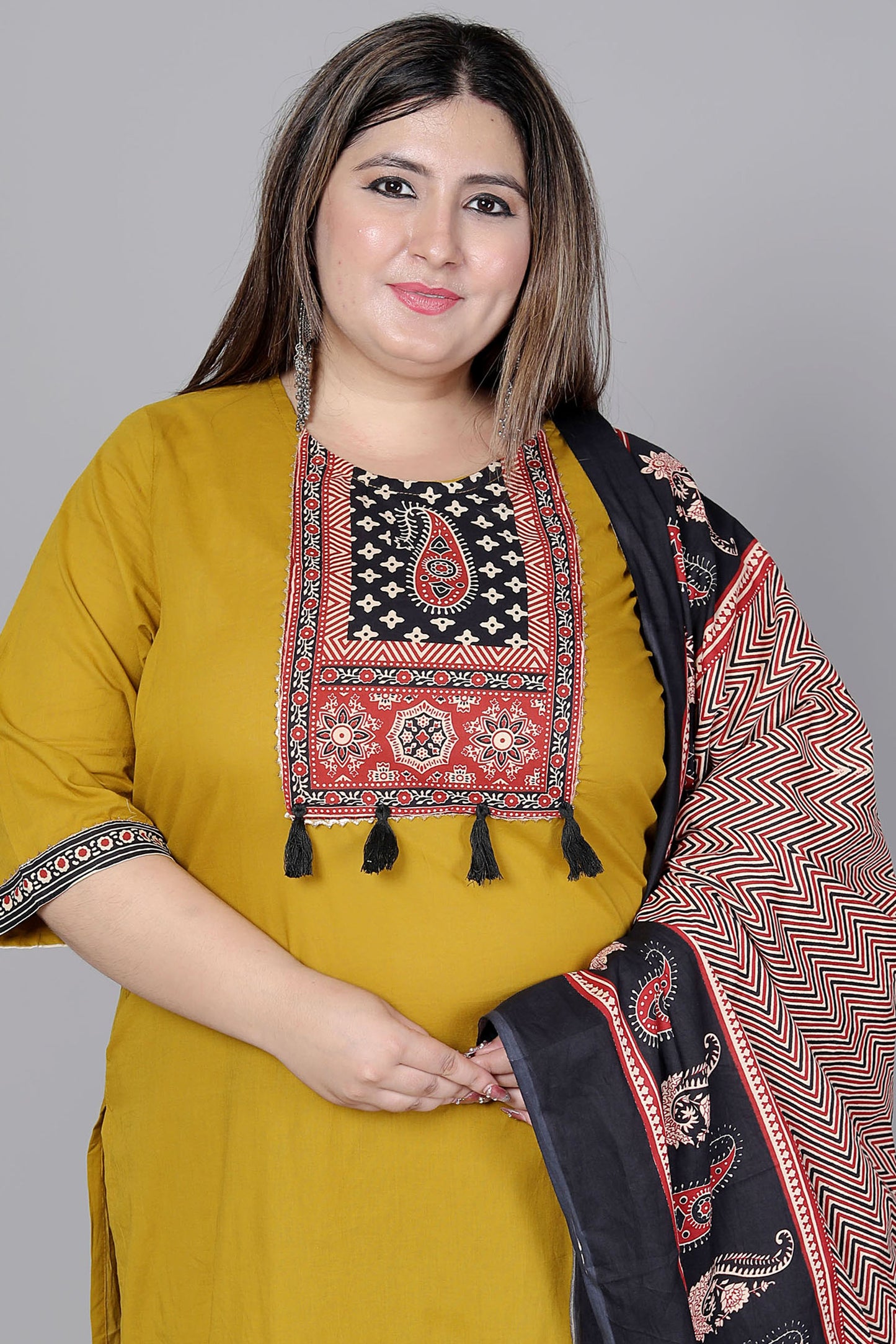 TRIBAL AJRAKH SOLID COTTON 3 PEICE KURTI PANT SET IN YELLOW BY PLUSSIZEKURTI