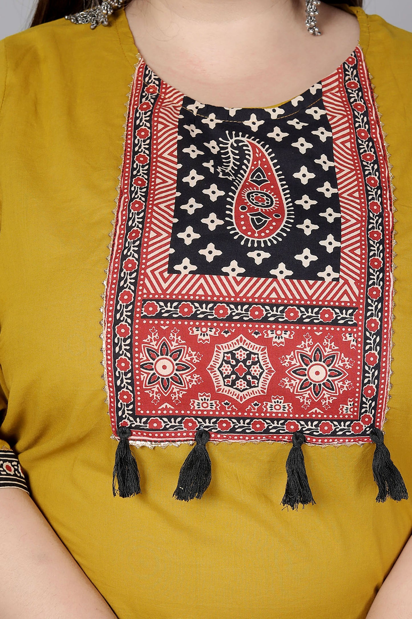 TRIBAL AJRAKH SOLID COTTON 3 PEICE KURTI PANT SET IN YELLOW BY PLUSSIZEKURTI