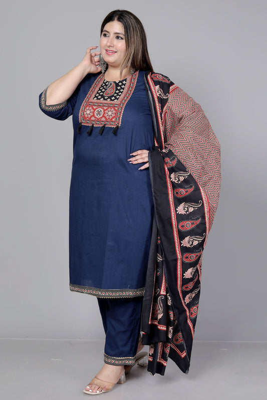 TRIBAL AJRAKH SOLID COTTON 3 PEICE KURTI PANT SET IN BLUE BY PLUSSIZEKURTI