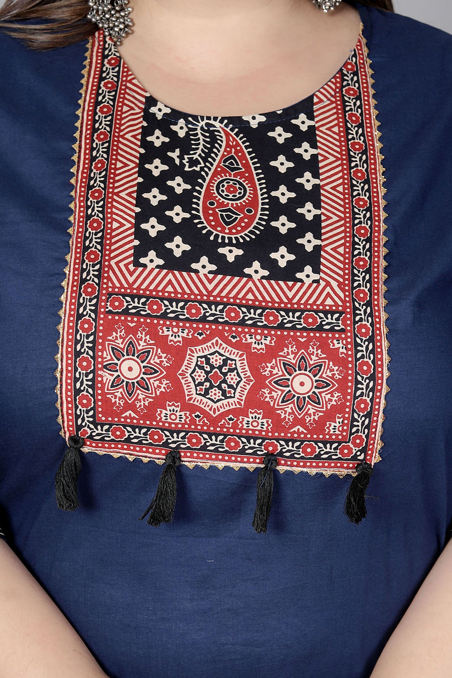 TRIBAL AJRAKH SOLID COTTON 3 PEICE KURTI PANT SET IN BLUE BY PLUSSIZEKURTI