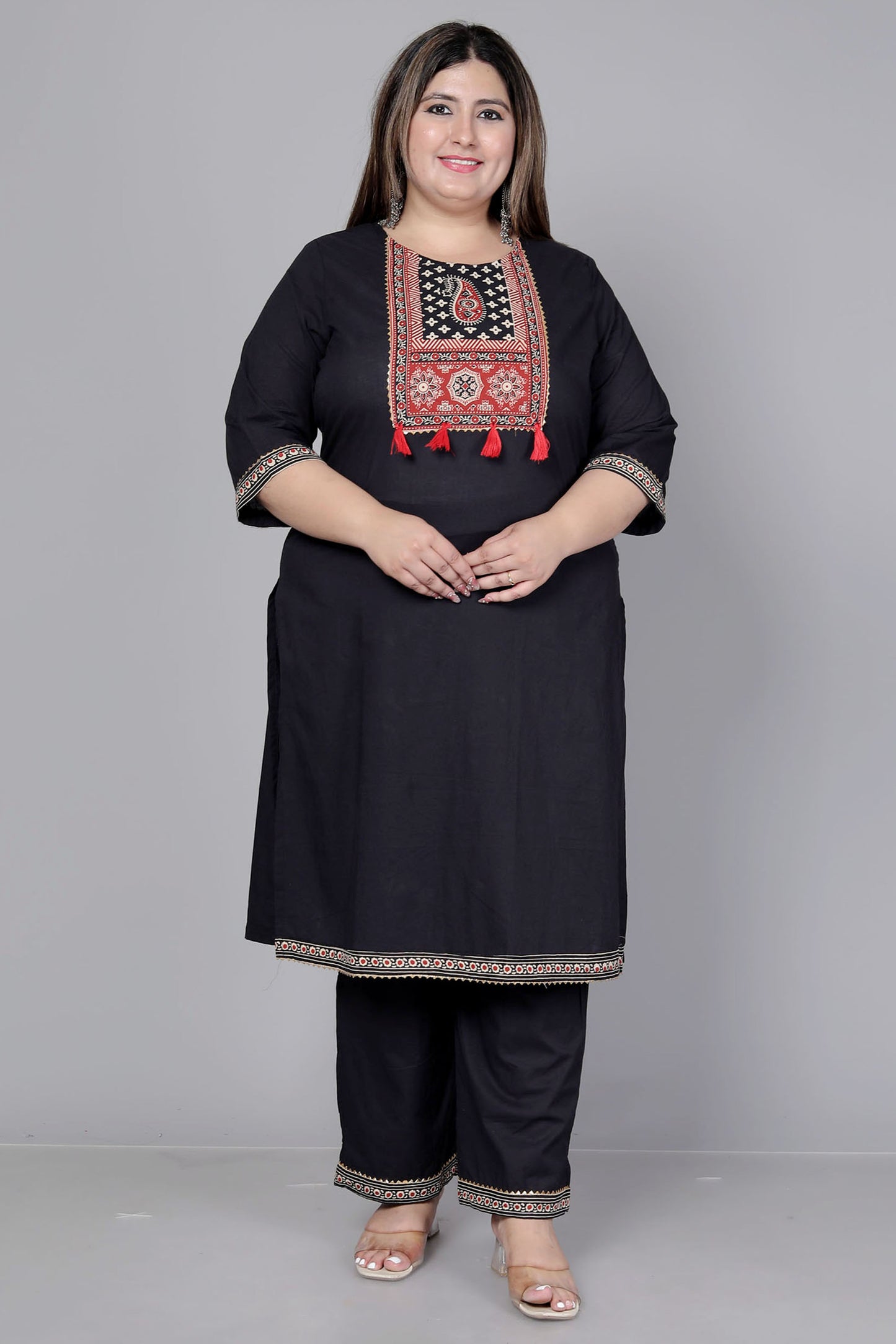 TRIBAL AJRAKH SOLID COTTON 3 PEICE KURTI PANT SET IN BLACK BY PLUSSIZEKURTI