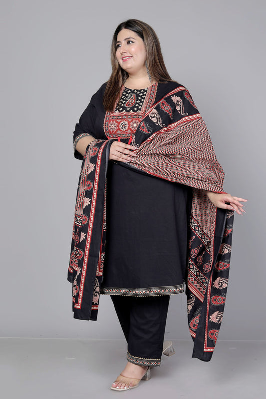 TRIBAL AJRAKH SOLID COTTON 3 PEICE KURTI PANT SET IN BLACK BY PLUSSIZEKURTI