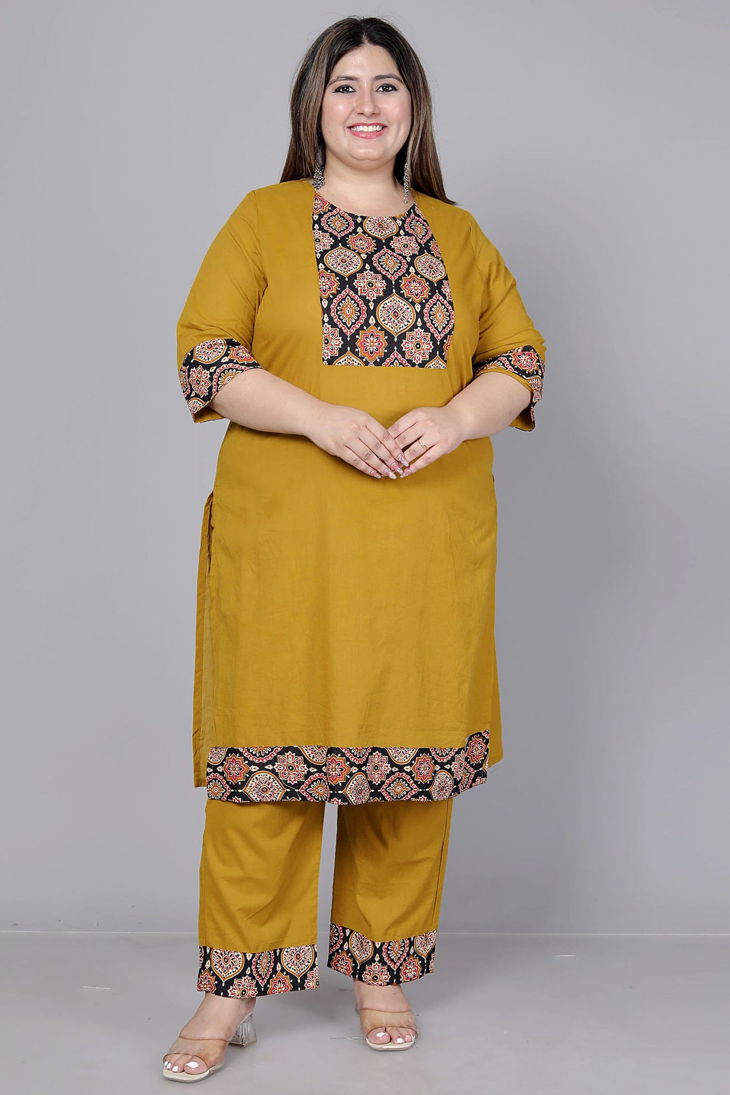 GEOMETRIC FLORAL SOLID COTTON 3 PEICE KURTI PANT SET IN MUSTURD BY PLUSSIZEKURTI