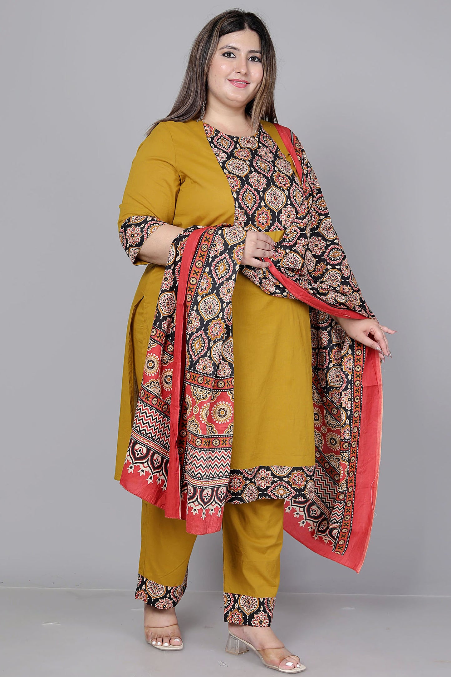 GEOMETRIC FLORAL SOLID COTTON 3 PEICE KURTI PANT SET IN MUSTURD BY PLUSSIZEKURTI
