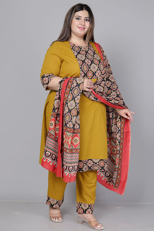 GEOMETRIC FLORAL SOLID COTTON 3 PEICE KURTI PANT SET IN MUSTURD BY PLUSSIZEKURTI