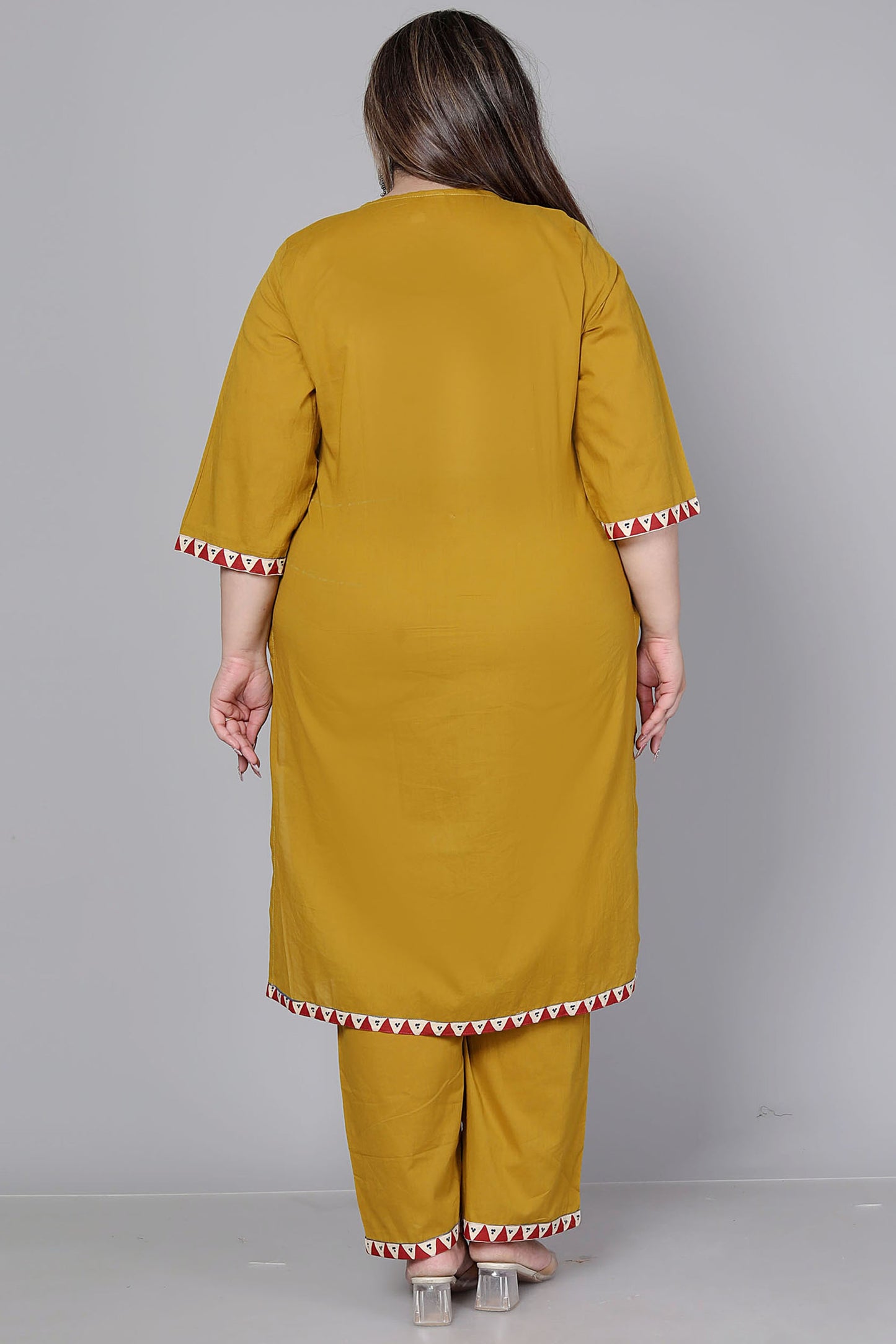 TRIBAL STRIPE SOLID COTTON 3 PEICE KURTI PANT SET IN YELLOW BY PLUSSIZEKURTI