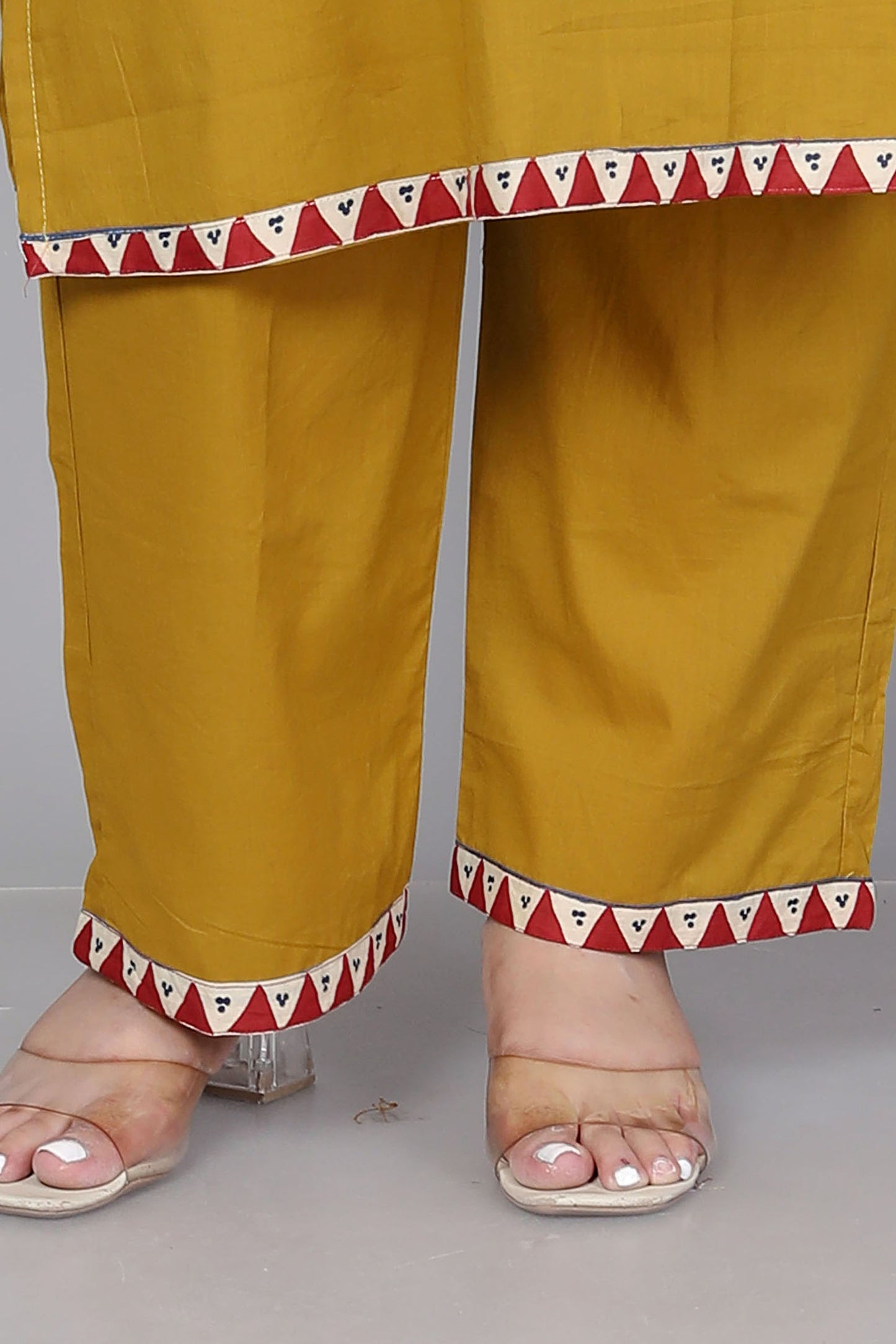 TRIBAL STRIPE SOLID COTTON 3 PEICE KURTI PANT SET IN YELLOW BY PLUSSIZEKURTI