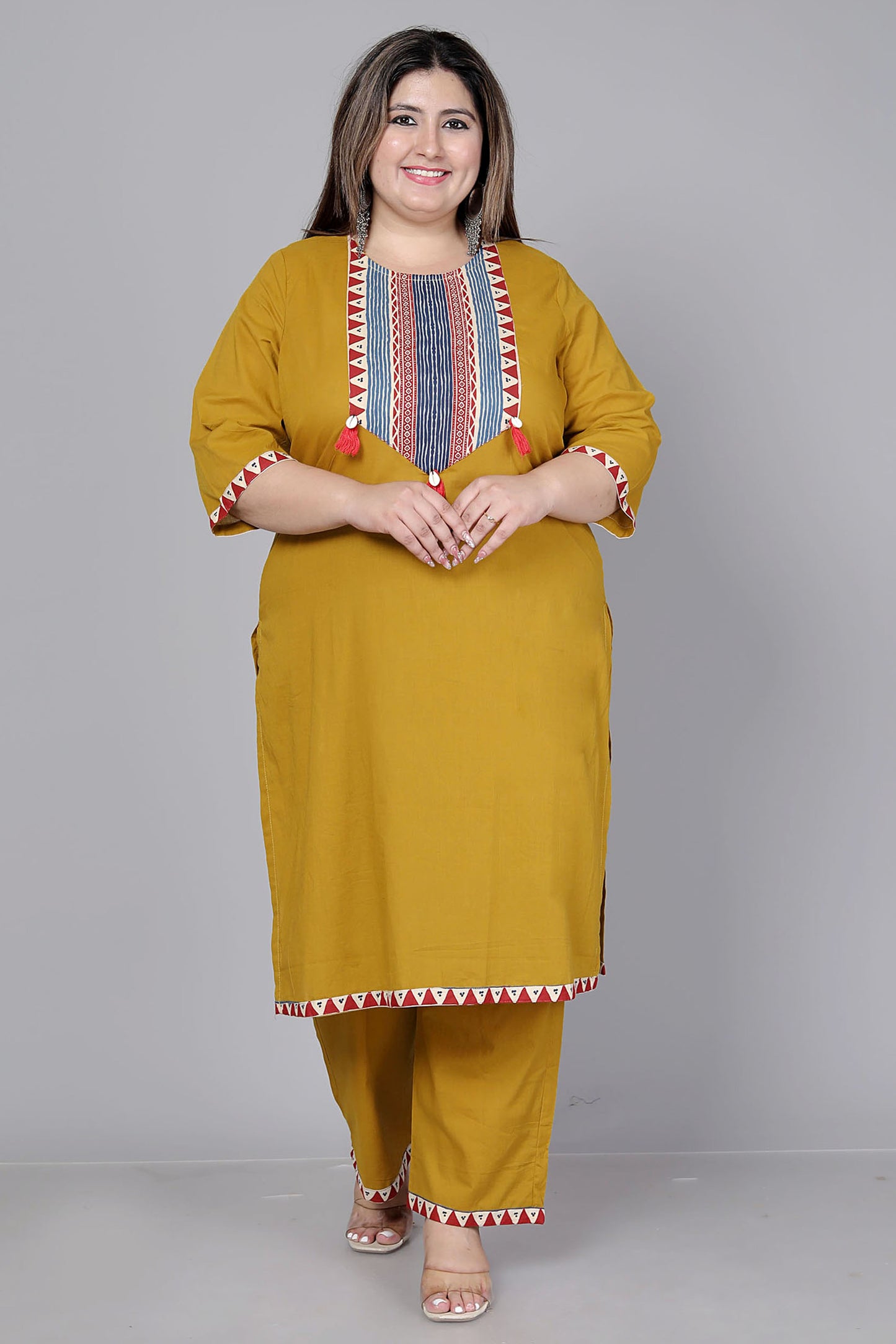 TRIBAL STRIPE SOLID COTTON 3 PEICE KURTI PANT SET IN YELLOW BY PLUSSIZEKURTI