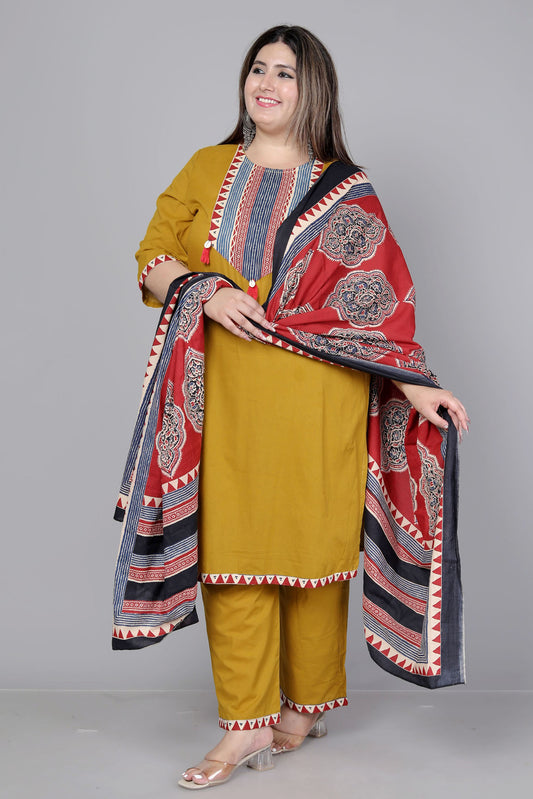 TRIBAL STRIPE SOLID COTTON 3 PEICE KURTI PANT SET IN YELLOW BY PLUSSIZEKURTI