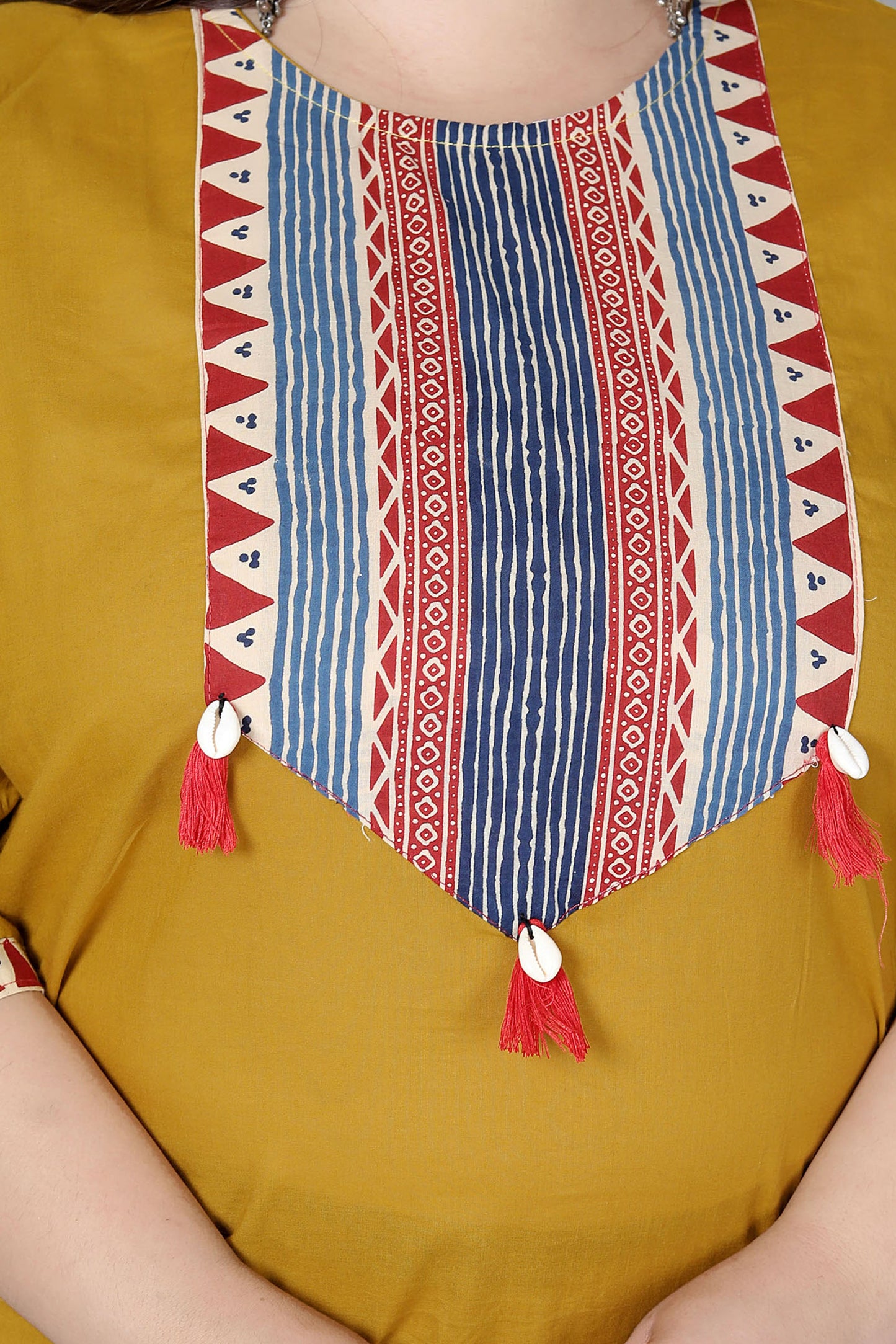 TRIBAL STRIPE SOLID COTTON 3 PEICE KURTI PANT SET IN YELLOW BY PLUSSIZEKURTI
