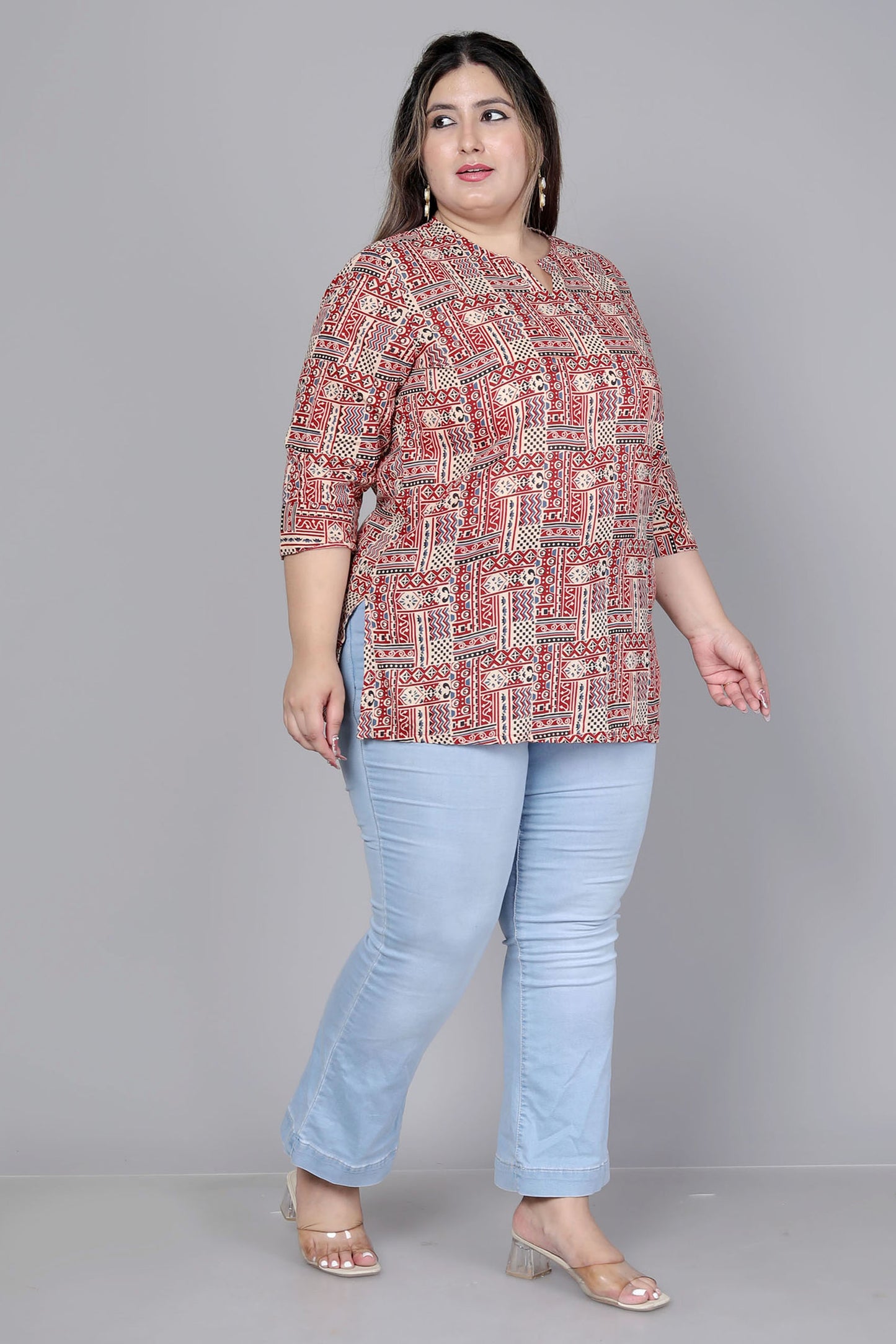 TRIBAL GEOMETRIC PRINT COTTON TOP IN RUST/BEIGE COLOUR BY PLUSSIZEKURTI