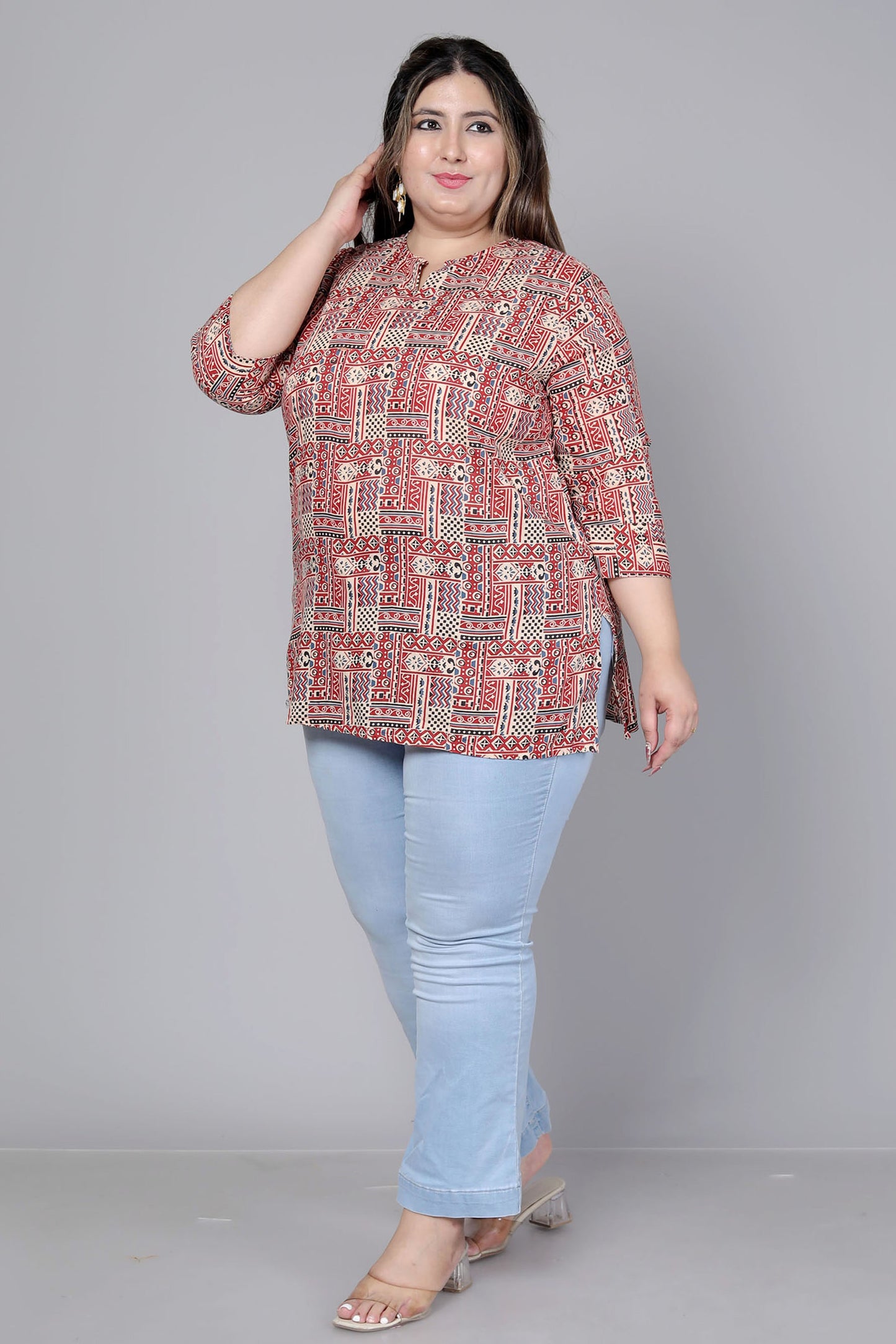 TRIBAL GEOMETRIC PRINT COTTON TOP IN RUST/BEIGE COLOUR BY PLUSSIZEKURTI