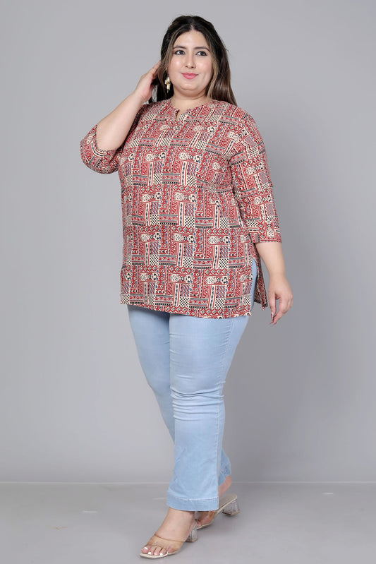 TRIBAL GEOMETRIC PRINT COTTON TOP IN RUST/BEIGE COLOUR BY PLUSSIZEKURTI