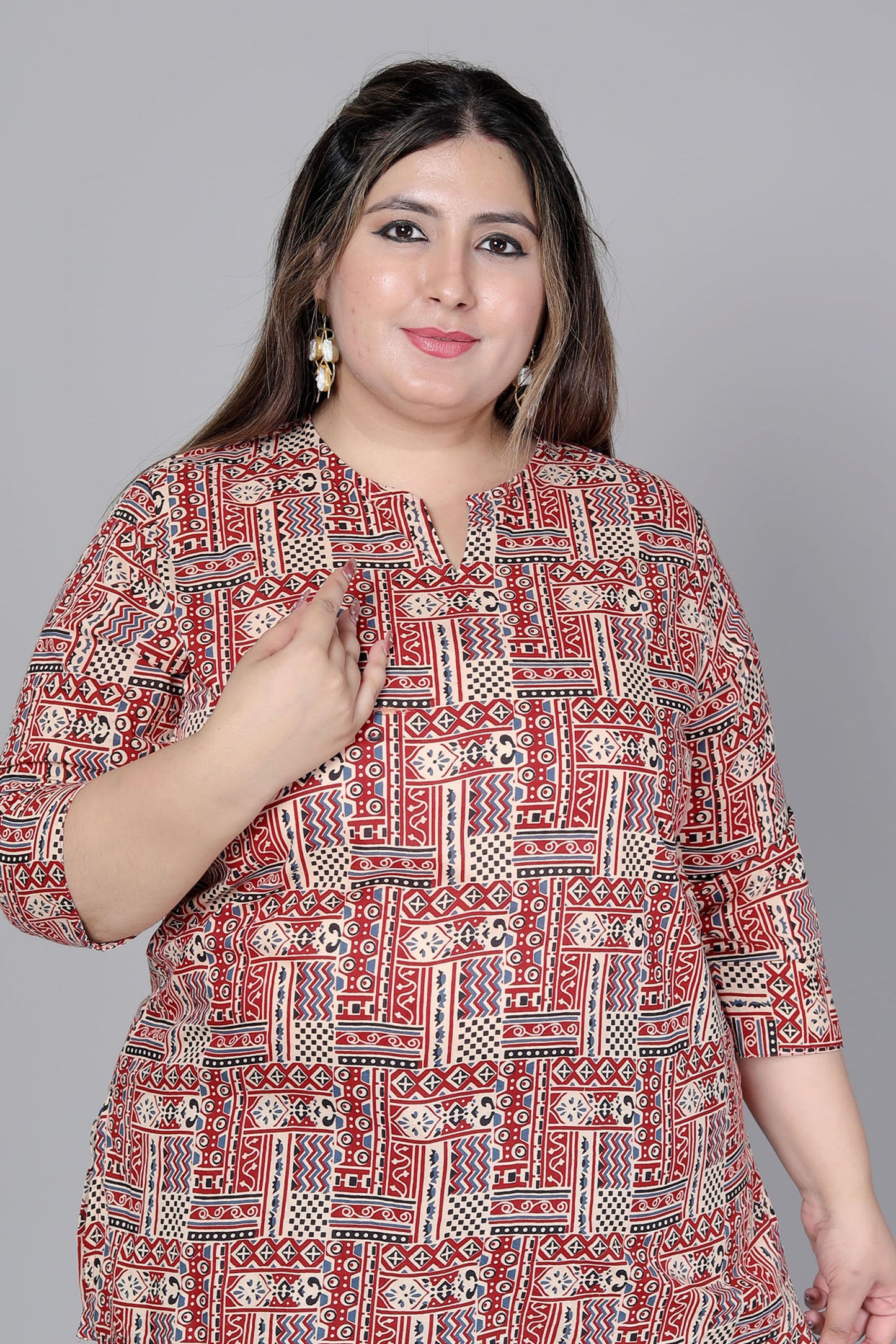 TRIBAL GEOMETRIC PRINT COTTON TOP IN RUST/BEIGE COLOUR BY PLUSSIZEKURTI