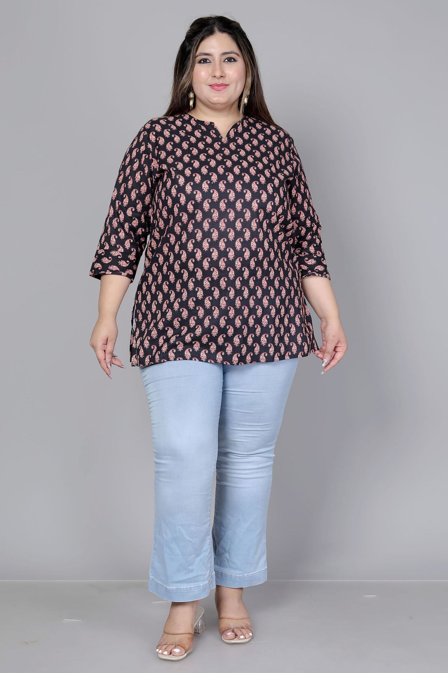 PAISLEY BLOCK MOTIF PRINT COTTON TOP IN BLACK COLOUR BY PLUSSIZEKURTI