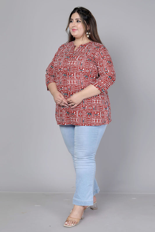 TRIBAL BLOCK PRINT COTTON TOP IN MAHROON COLOUR BY PLUSSIZEKURTI