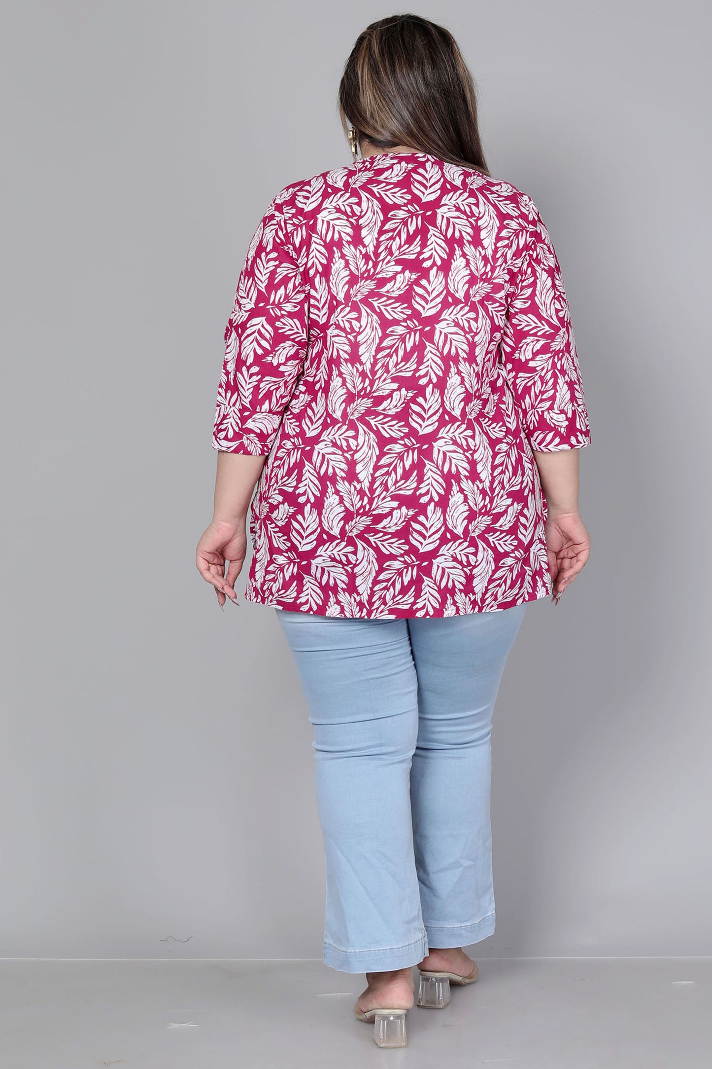 LEAF MOTIF PRINT COTTON TOP IN WINE RED COLOUR BY PLUSSIZEKURTI