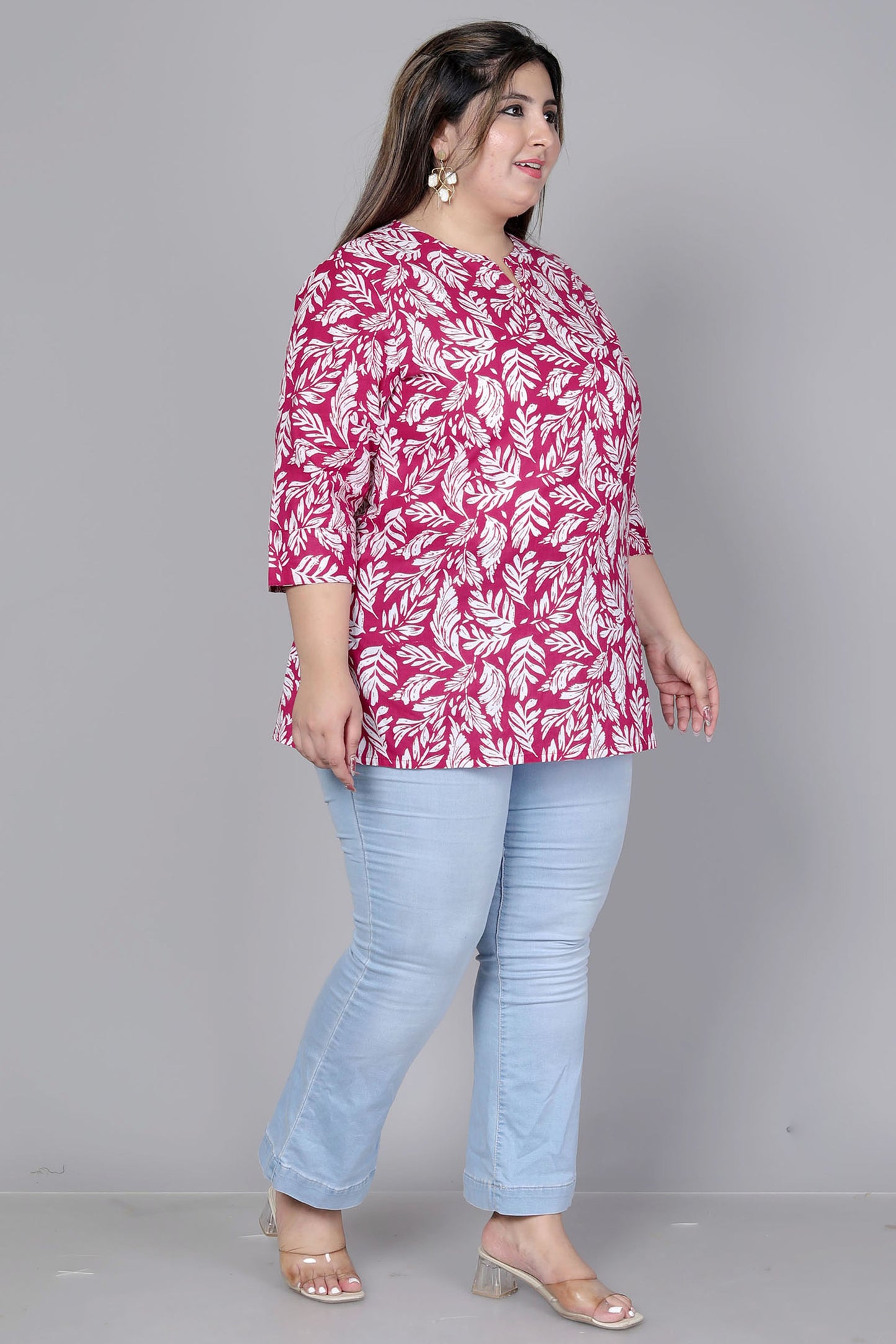 LEAF MOTIF PRINT COTTON TOP IN WINE RED COLOUR BY PLUSSIZEKURTI