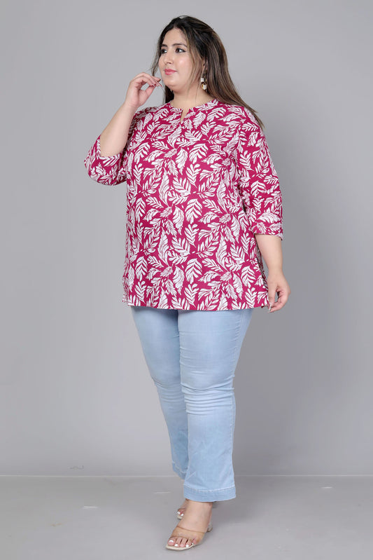 LEAF MOTIF PRINT COTTON TOP IN WINE RED COLOUR BY PLUSSIZEKURTI