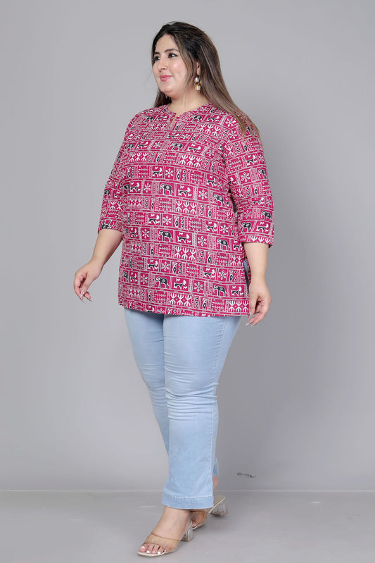 TRIBAL BLOCK PRINT COTTON TOP IN WINE RED COLOUR BY PLUSSIZEKURTI
