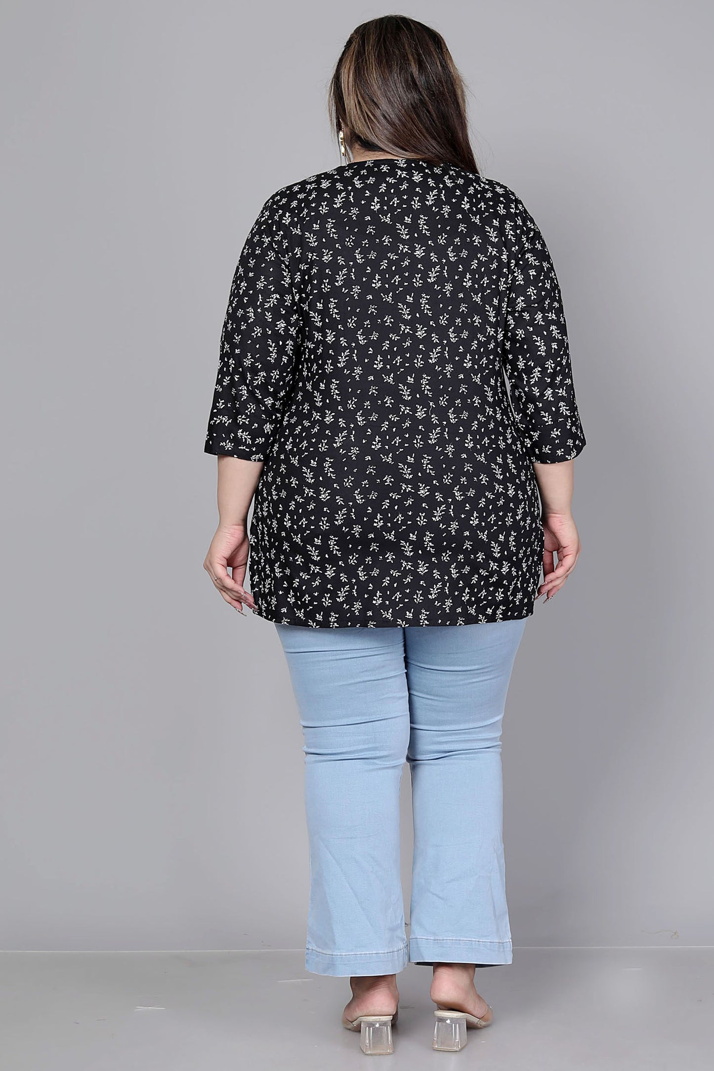 MINI FLORAL PRINT COTTON TOP IN BLACK COLOUR BY PLUSSIZEKURTI