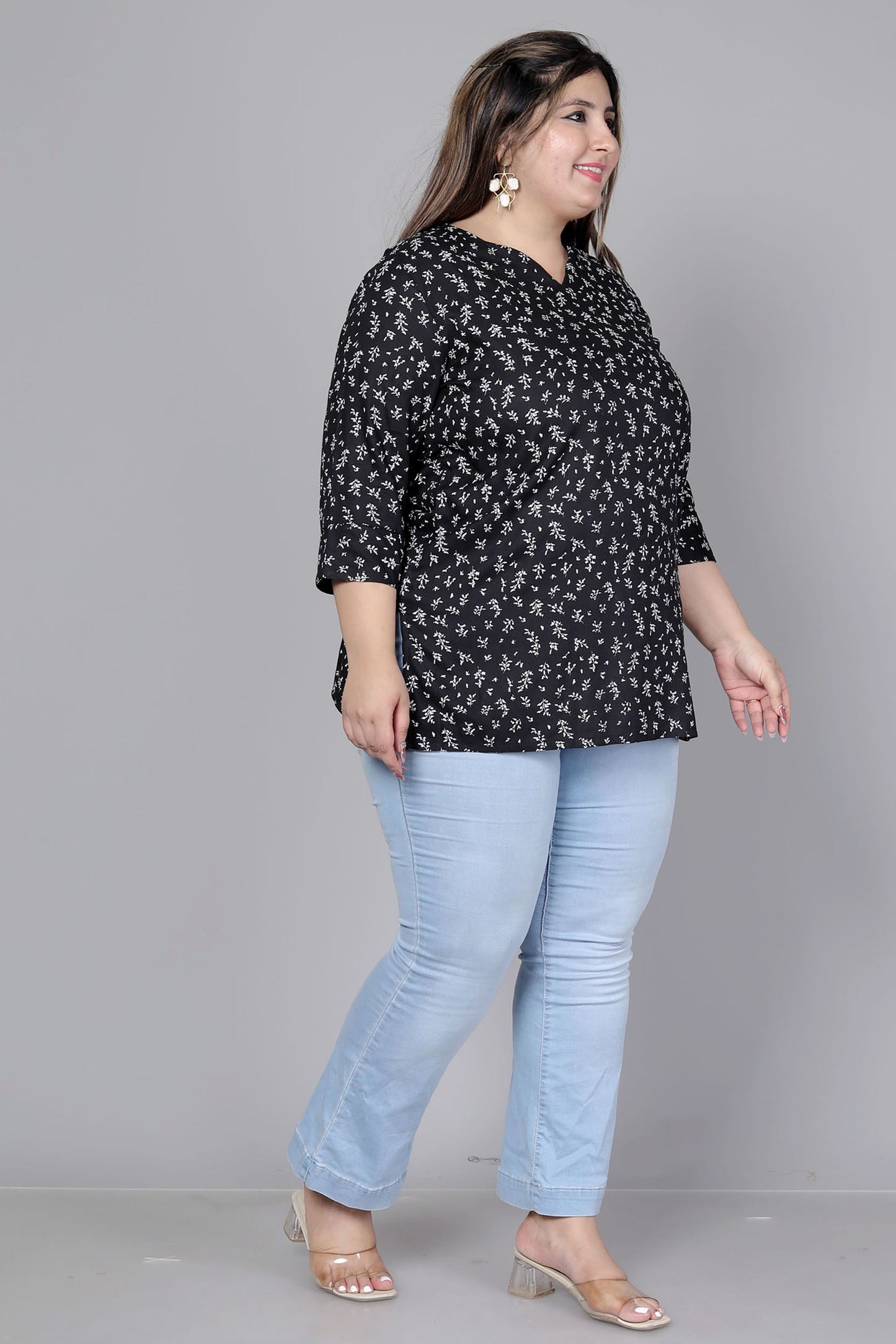 MINI FLORAL PRINT COTTON TOP IN BLACK COLOUR BY PLUSSIZEKURTI