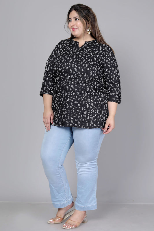 MINI FLORAL PRINT COTTON TOP IN BLACK COLOUR BY PLUSSIZEKURTI