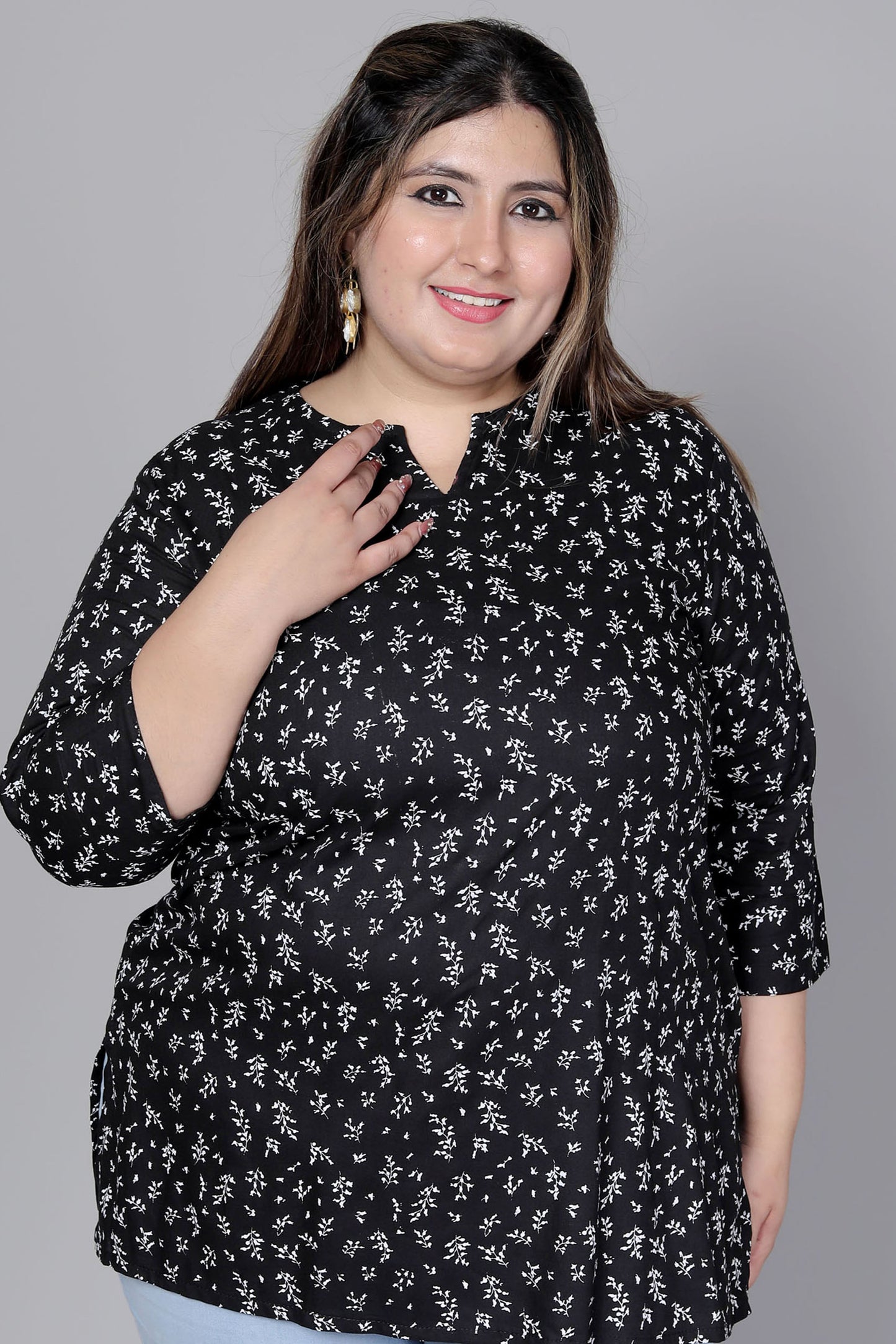MINI FLORAL PRINT COTTON TOP IN BLACK COLOUR BY PLUSSIZEKURTI