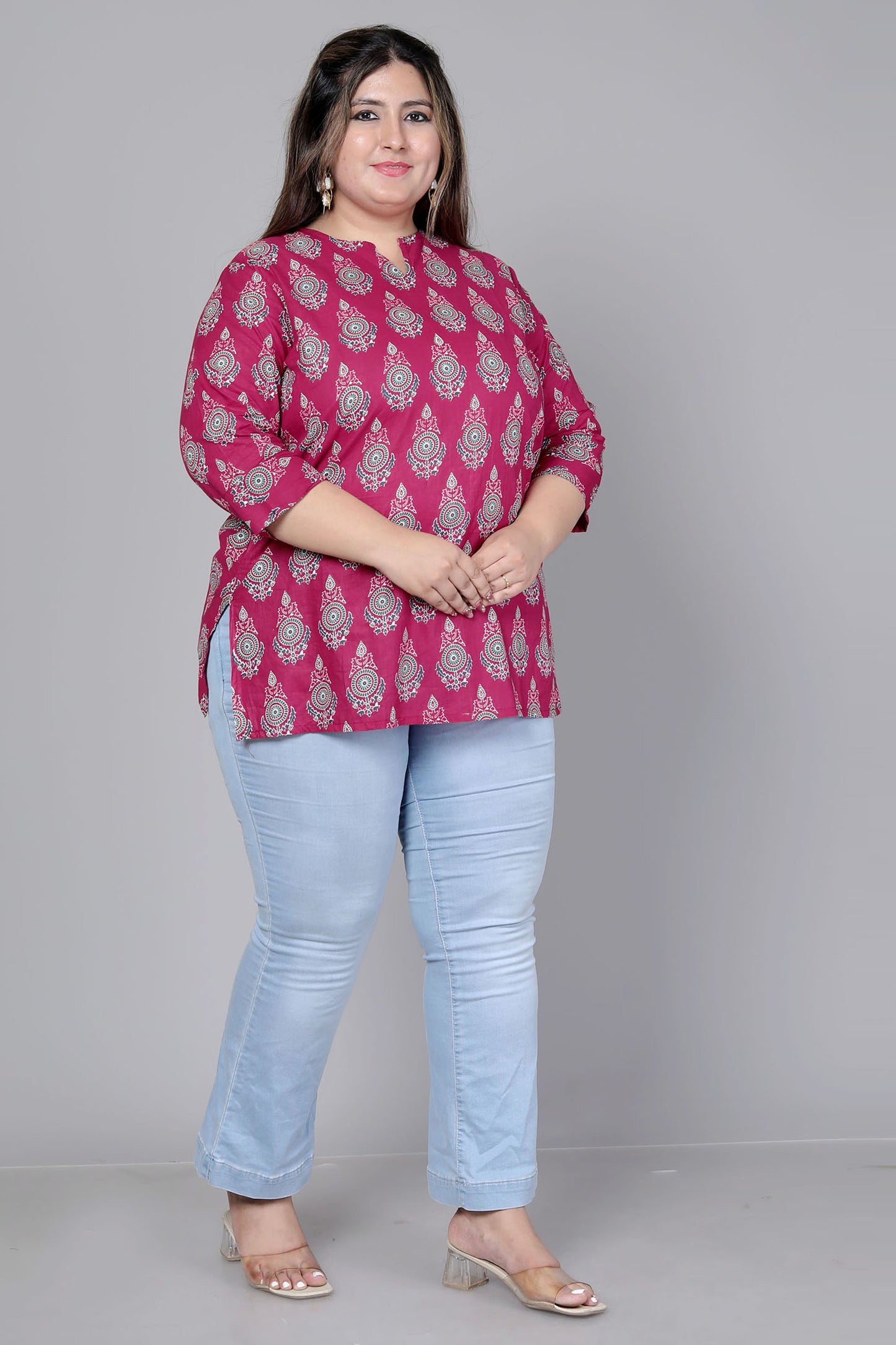 TRADITIONAL BUTI PRINT COTTON TOP IN WINE RED COLOUR BY PLUSSIZEKURTI