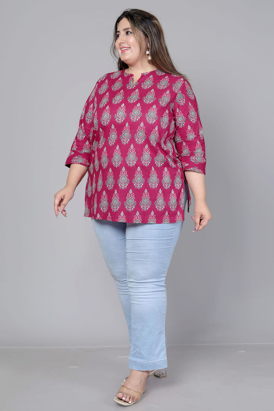 TRADITIONAL BUTI PRINT COTTON TOP IN WINE RED COLOUR BY PLUSSIZEKURTI