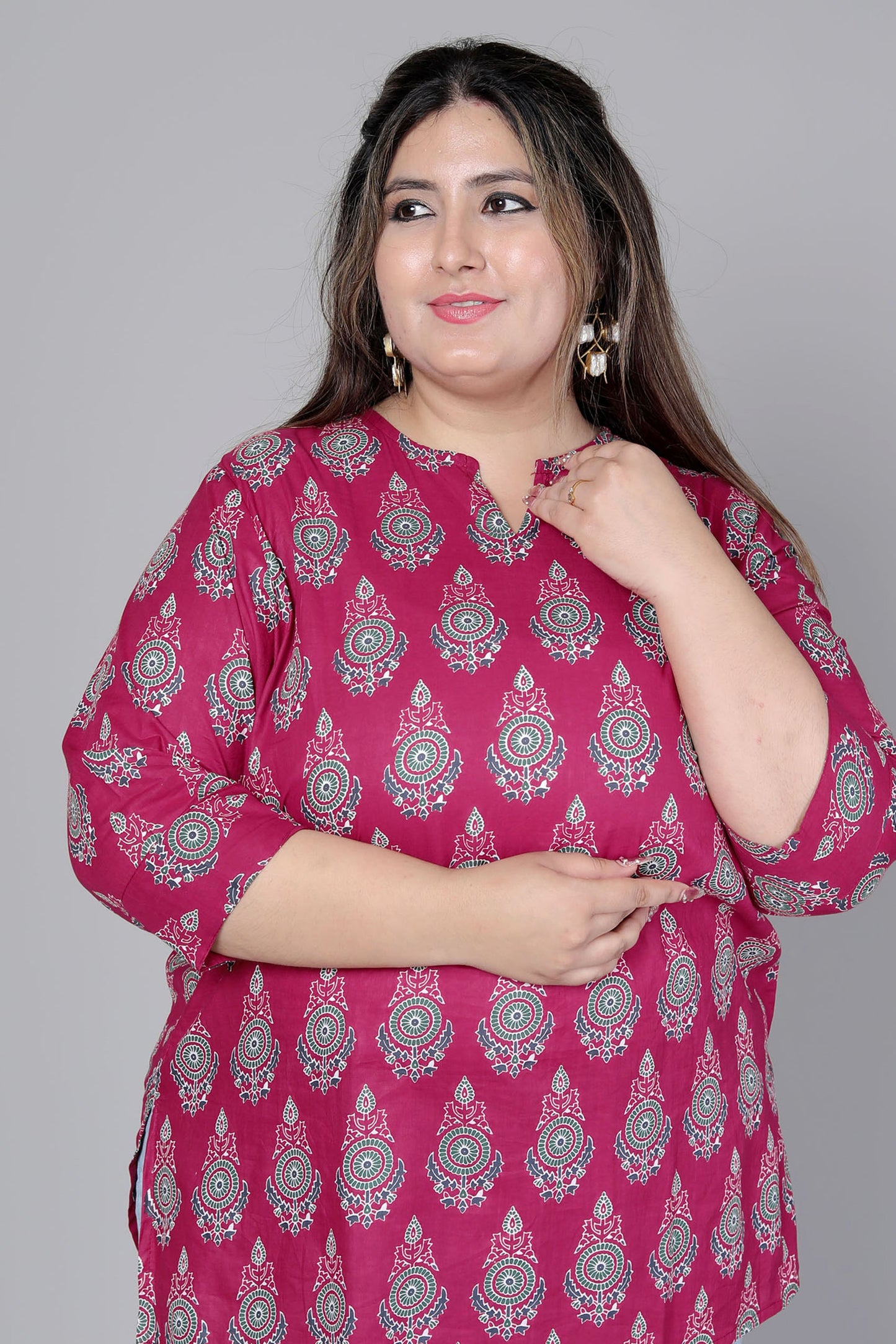 TRADITIONAL BUTI PRINT COTTON TOP IN WINE RED COLOUR BY PLUSSIZEKURTI