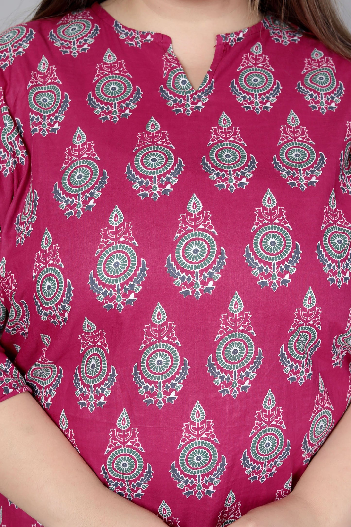 TRADITIONAL BUTI PRINT COTTON TOP IN WINE RED COLOUR BY PLUSSIZEKURTI