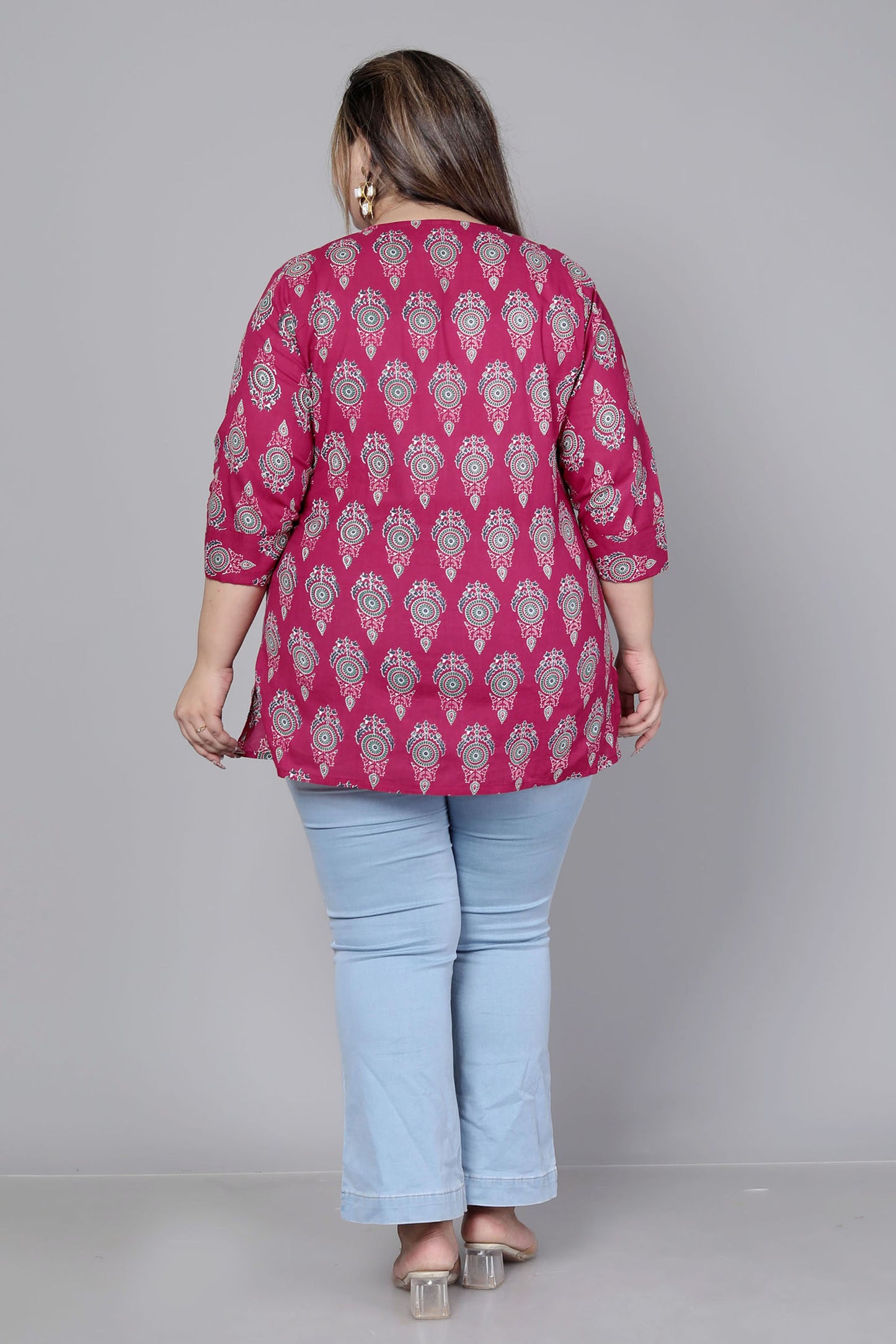 TRADITIONAL BUTI PRINT COTTON TOP IN WINE RED COLOUR BY PLUSSIZEKURTI