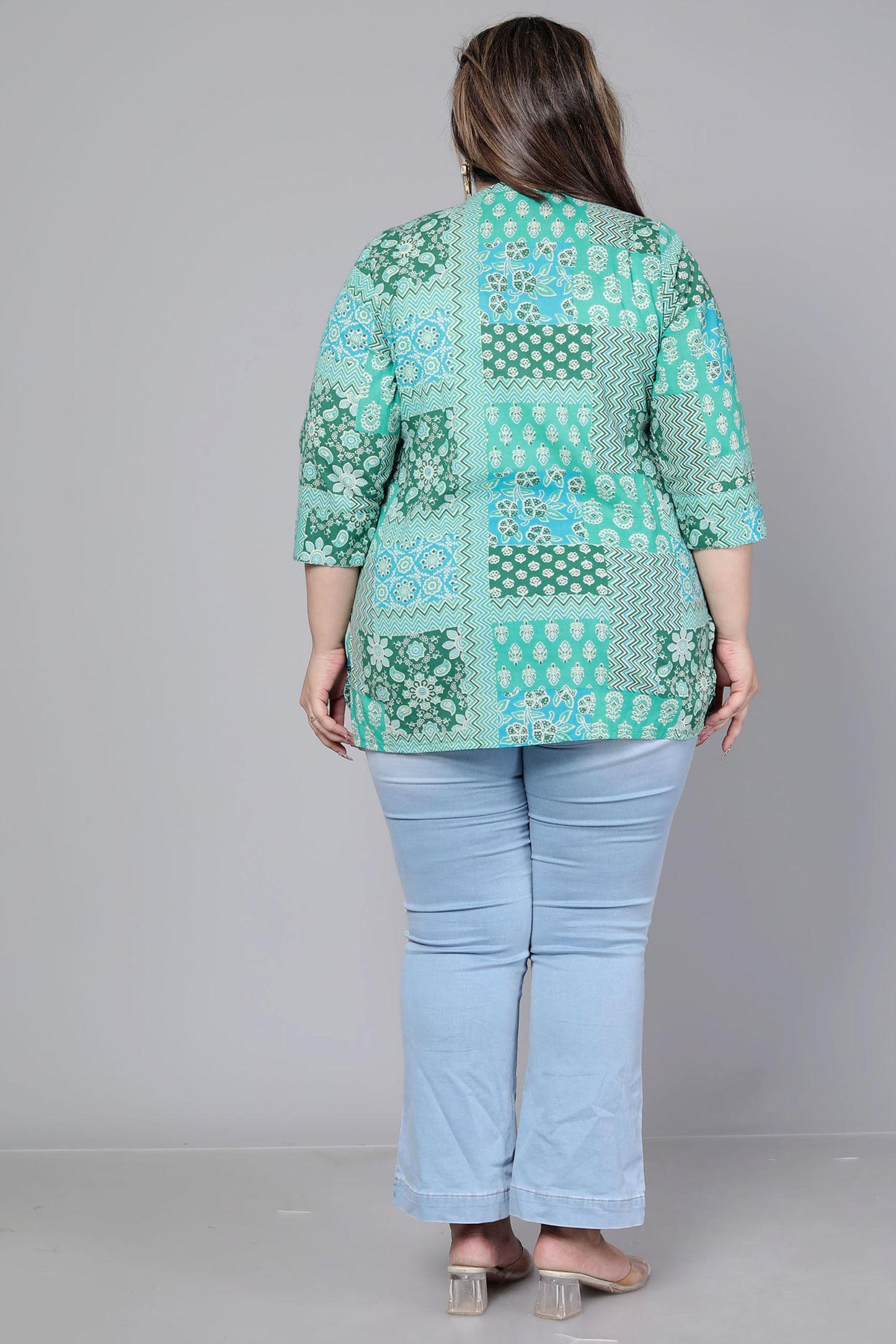 FLORAL GEOMETRIC PRINT COTTON TOP IN AQUA GREEN COLOUR BY PLUSSIZEKURTI