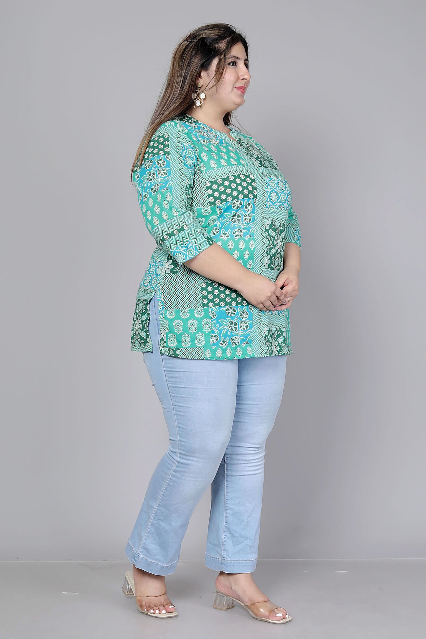 FLORAL GEOMETRIC PRINT COTTON TOP IN AQUA GREEN COLOUR BY PLUSSIZEKURTI